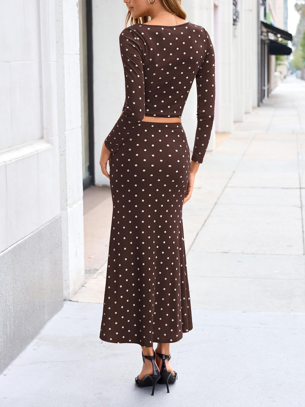 BTFBM Polka Dot Skirt Matching Sets Women Clothing Fall 2 Piece Outfits Lightweight, Slim Fit, Long Sleeve Crop Tops and Maxi Skirts, Party, Club, Going Out, Business Casual Clothes, Y2k Lounge Set