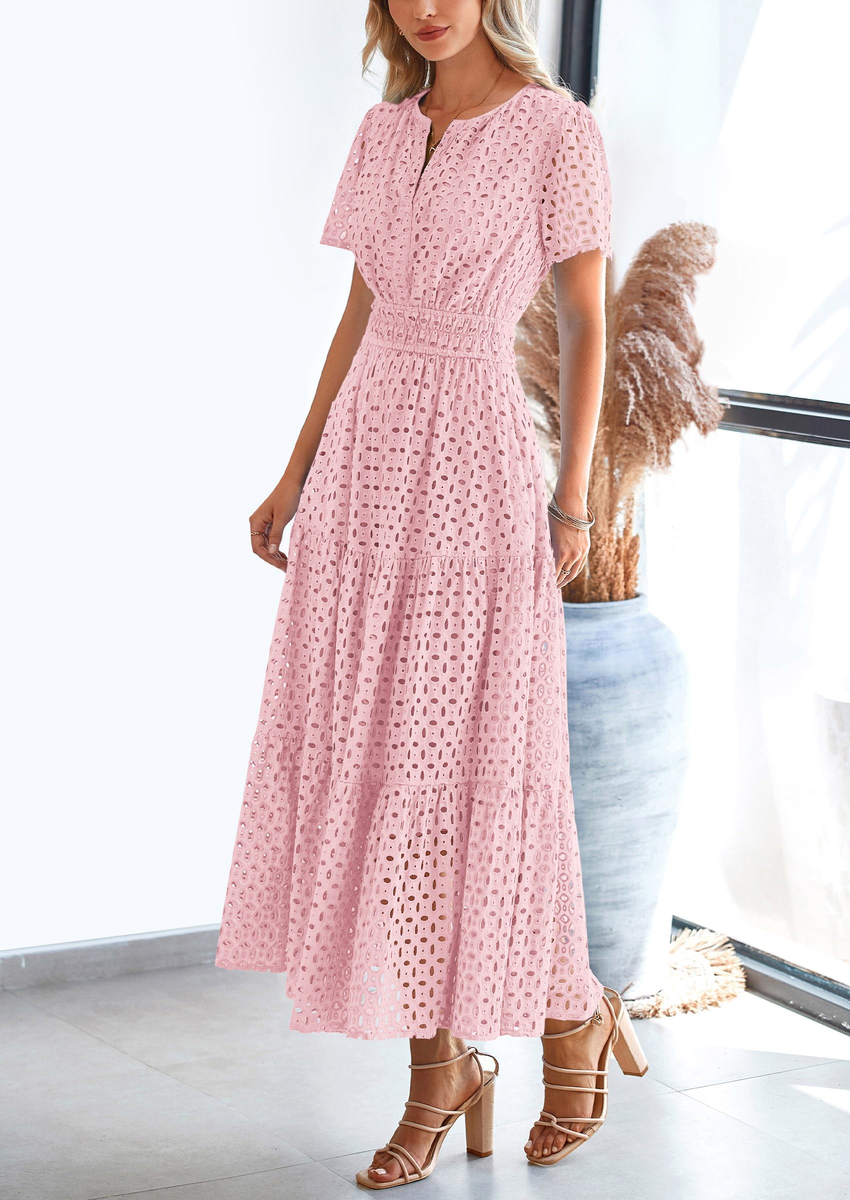 PRETTYGARDEN Womens Summer Maxi Dress Short Sleeve V Neck Hollow Out Eyelet A Line Long Flowy Beach Vacation Dresses