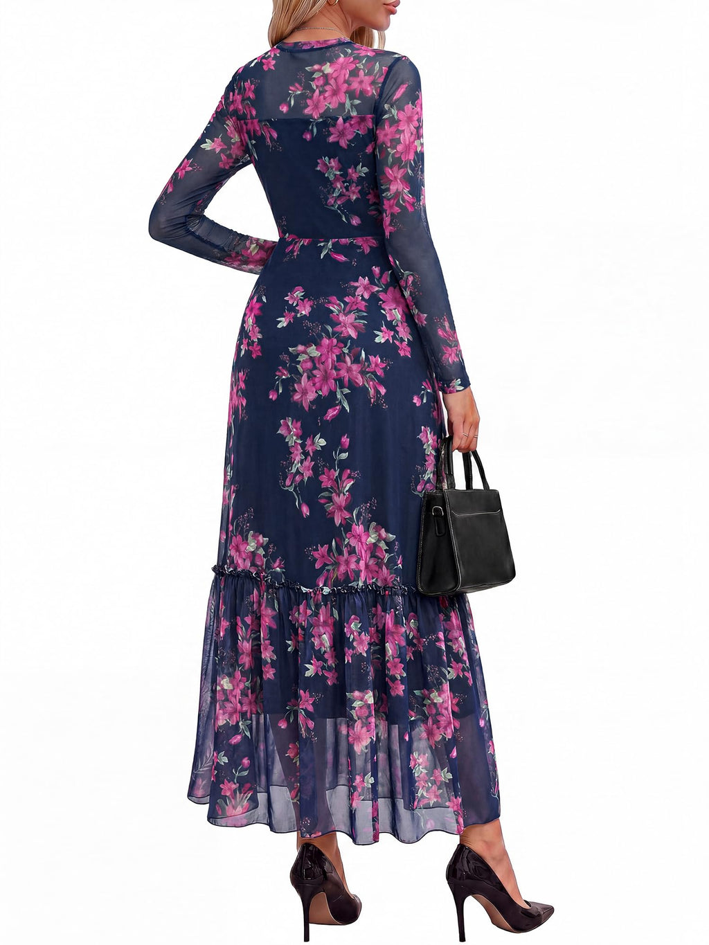 BTFBM Boho Mesh Long Sleeve Dress for Women | Mock Neck, Floral, A Line, Tiered, Graduation, Wedding, Cocktail Maxi Dresses, Fall Fashion, Resort Wear