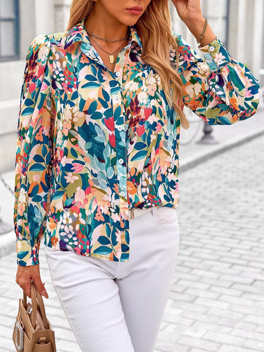 PRETTYGARDEN Women's Floral Blouses Dressy Casual V Neck Button Down Shirts Lantern Long Sleeve Boho Chiffon Spring Tops