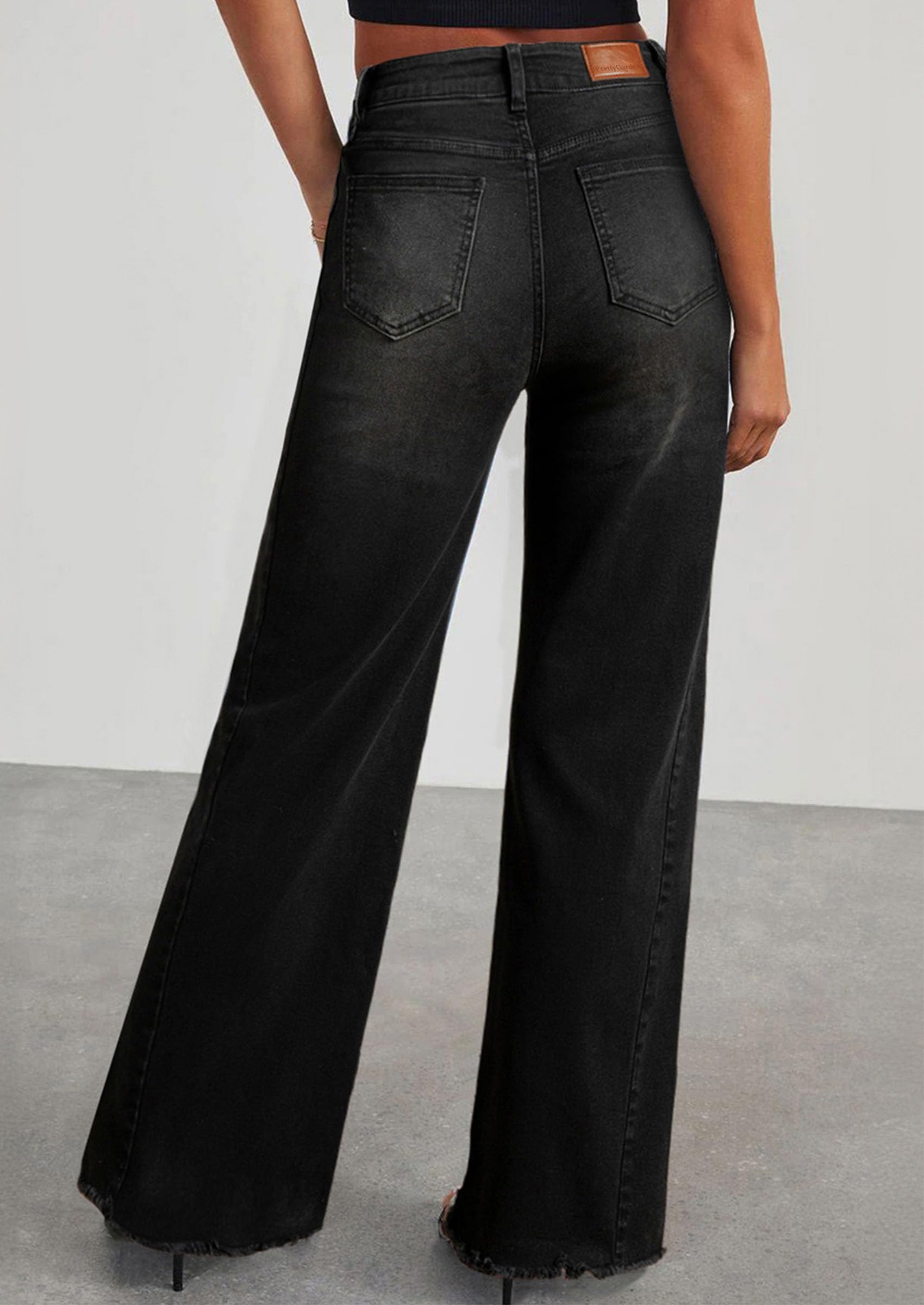 PRETTYGARDEN Wide Leg Jeans for Women Trendy High Waisted Stretchy Baggy Raw Hem Denim Palazzo Pants Fall Clothes