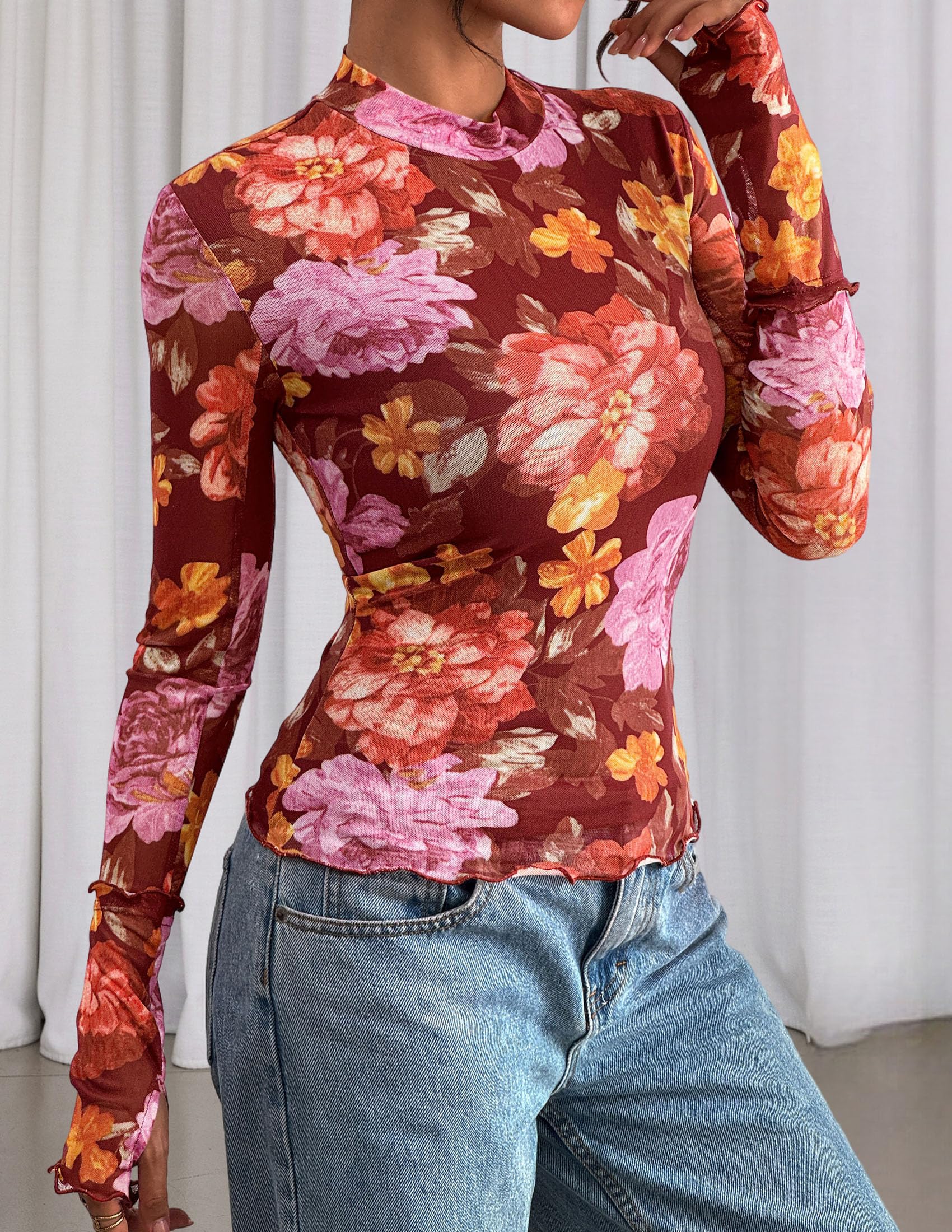 PRETTYGARDEN Womens Fall Mesh Floral Blouses Long Sleeve Going Out Tops Slim Fitted Shirts Date Night Outfits