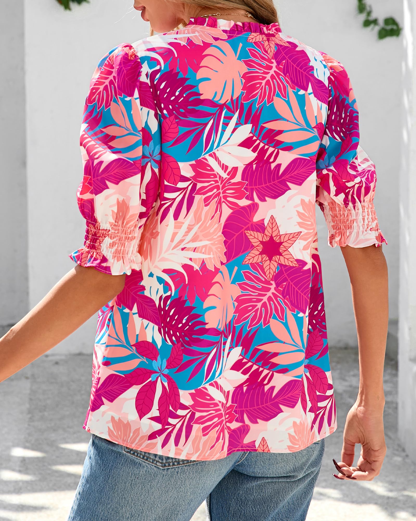 FreshPretty Summer Blouses for Women Dressy Casual  Fashion Spring Tops Floral Boho V Neck Puff Short Sleeve Top Shirts