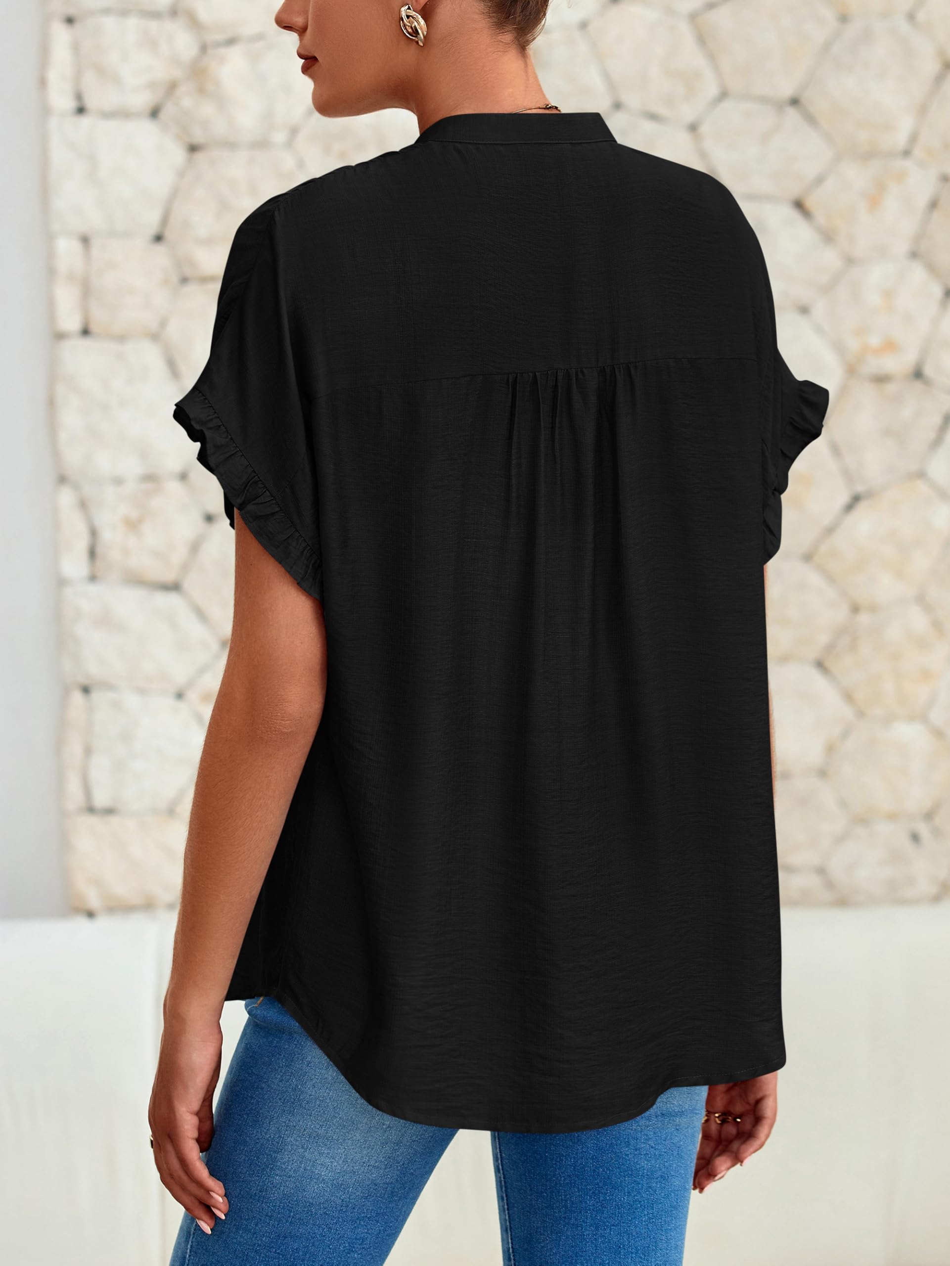 FreshPretty Womens Button Down Shirts Ruffle Short Sleeve Loose Summer Tops Dressy Casual V Neck Business Work Blouses