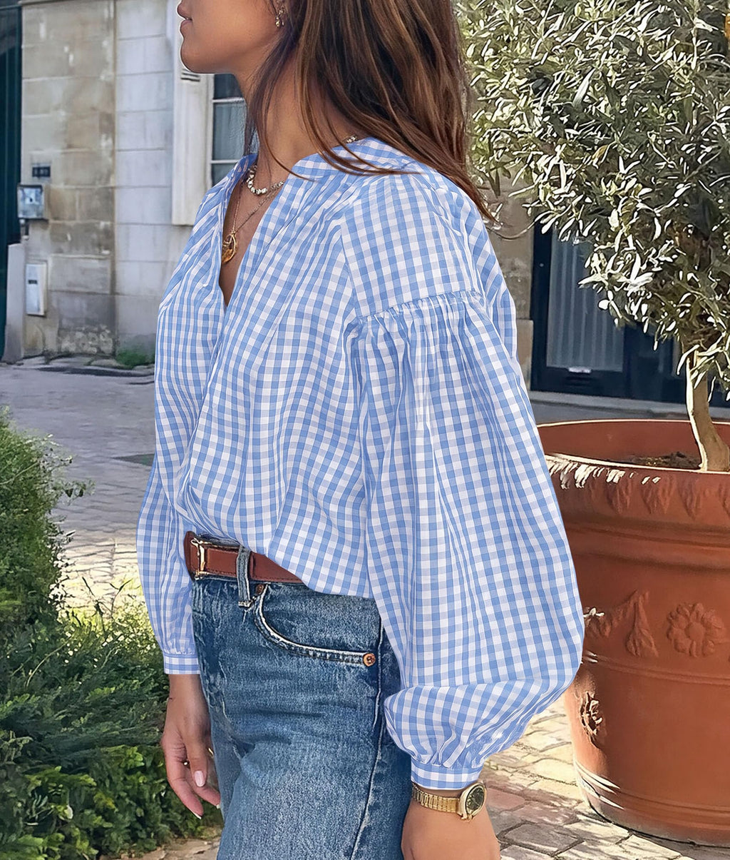 PRETTYGARDEN Women Fall Plaid Long Puff Sleeve Shirts V Neck Casual Blouses Gingham Button Down Oversized, Pleated Drop Shoulder Cotton Tops, Dressy Casual, Work Vacation Travel, Fall Outfits Trendy