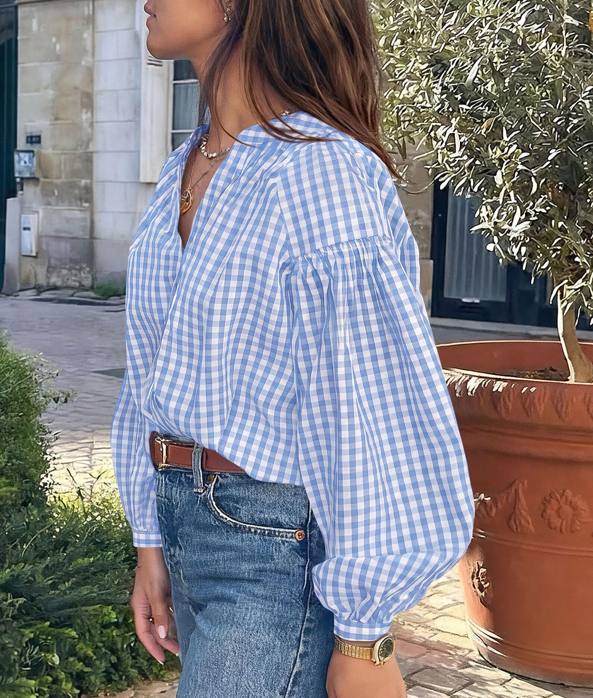 PRETTYGARDEN Women Fall Plaid Long Puff Sleeve Shirts V Neck Casual Blouses Gingham Button Down Oversized, Pleated Drop Shoulder Cotton Tops, Dressy Casual, Work Vacation Travel, Fall Outfits Trendy