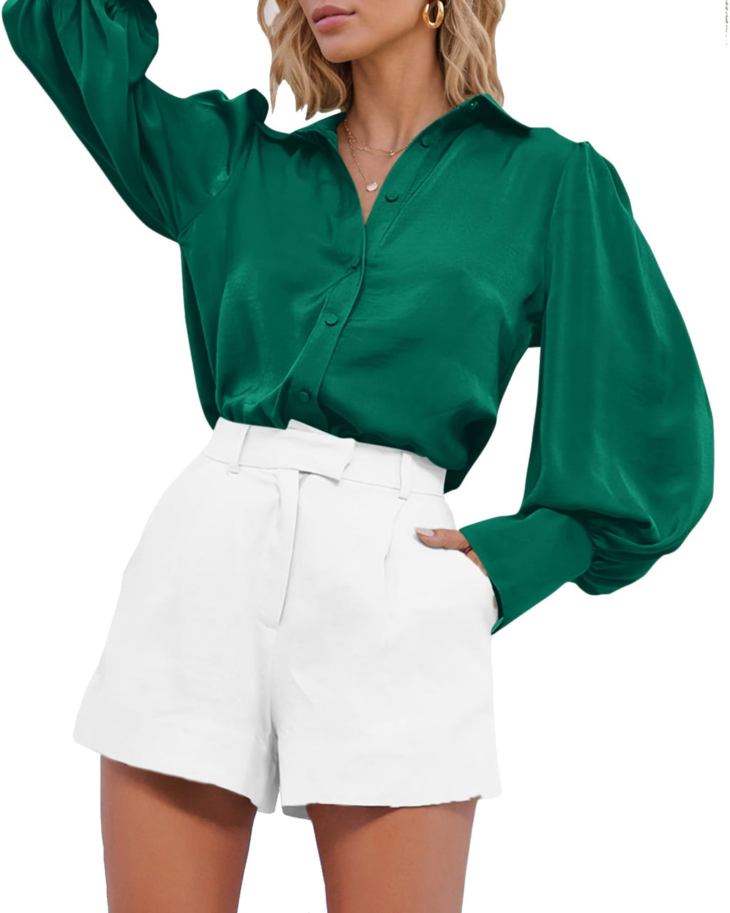 BTFBM Women Satin Blouses Summer Fall Clothes Button Down Lantern Long Sleeve Shirts Work Business Casual Dressy Tops