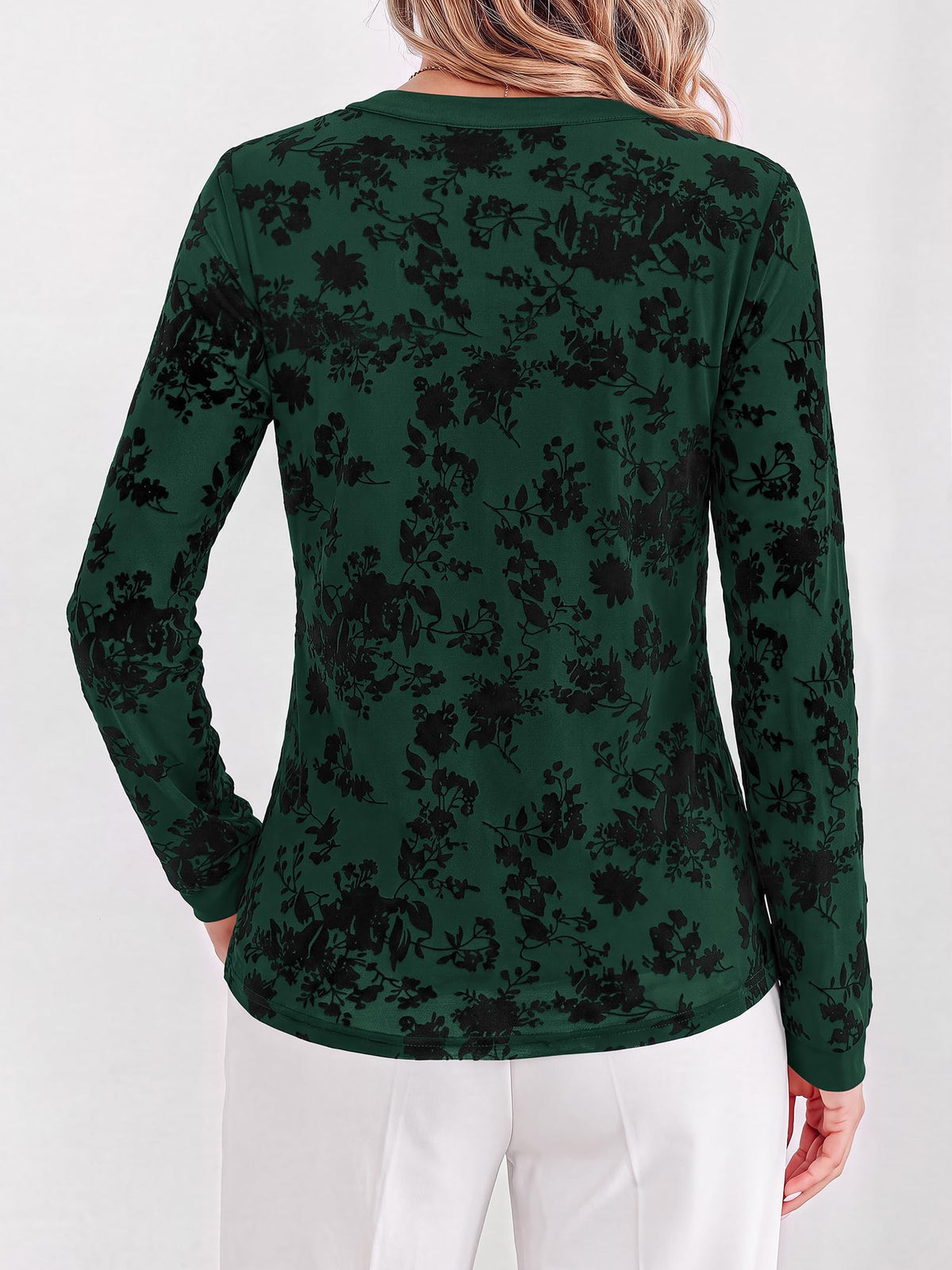 BTFBM Womens Tops Floral Sheer Mesh Long Sleeve Blouses Dressy Casual V Neck Flocked Mesh Shirts,Velvet-Like Flowers,Double Layered,Loose Fit Tunics,Business Casual Top,Fall Fashion Clothing