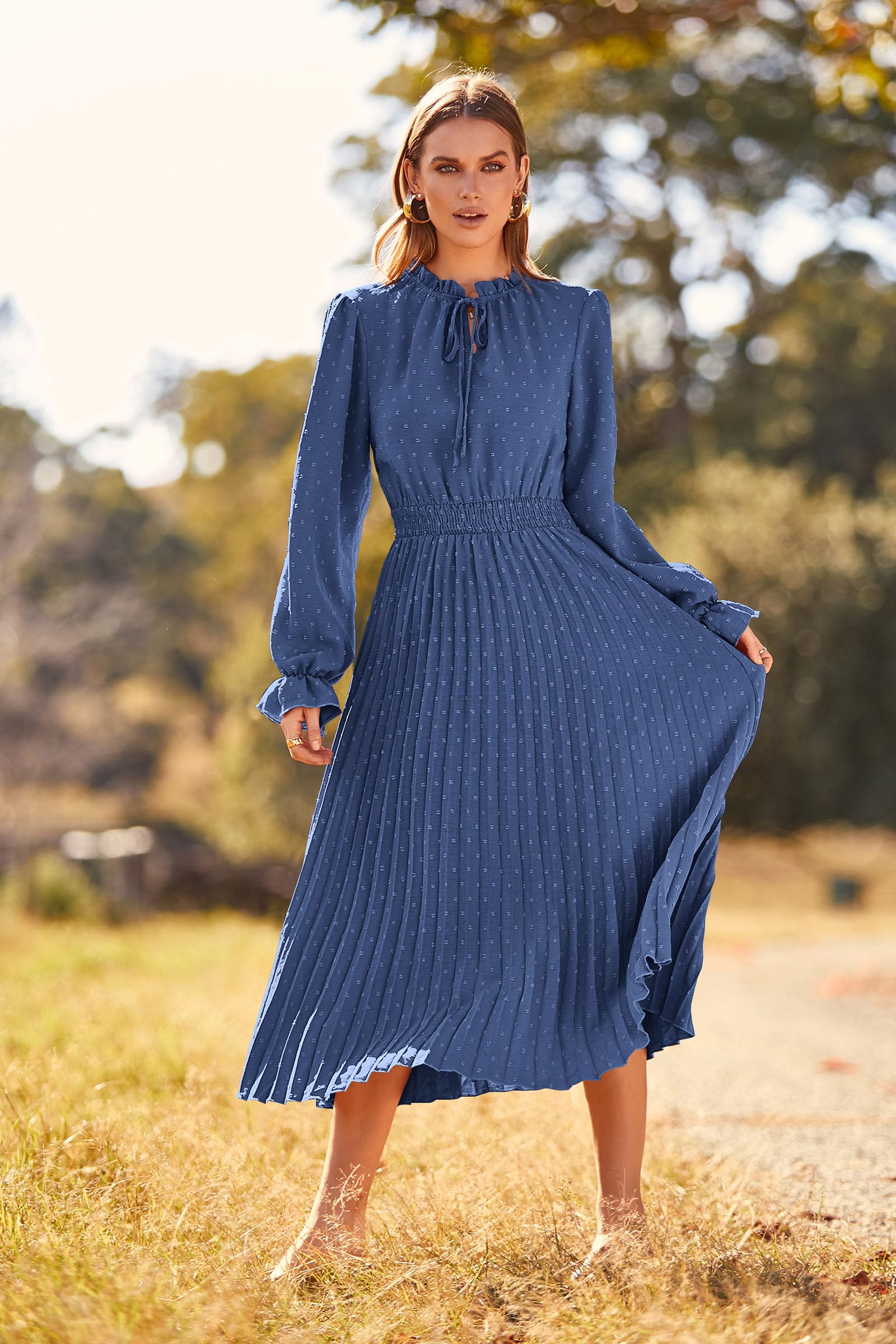 PRETTYGARDEN Women's Spring Fall Midi Dress Casual Long Sleeve V Neck Swiss Dot Pleated A Line Flowy Dresses