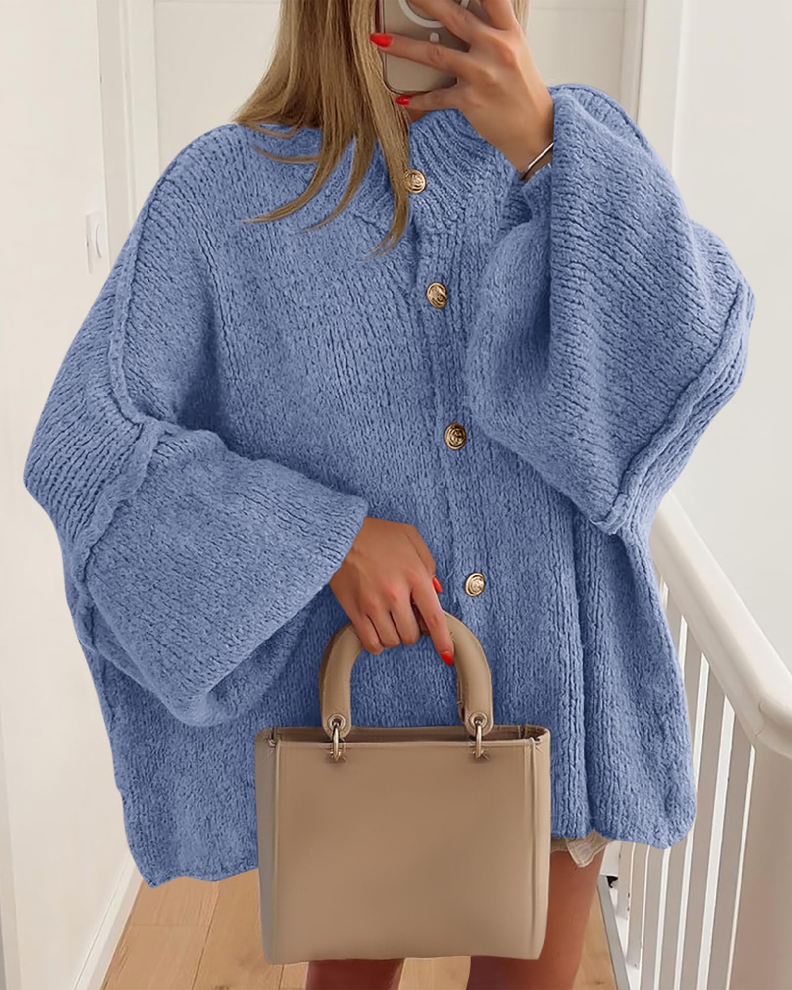 BTFBM Cardigan Sweaters for Women Fall Clothes Lantern Long Sleeve Button Open Front Chunky Knit Oversized Sweater