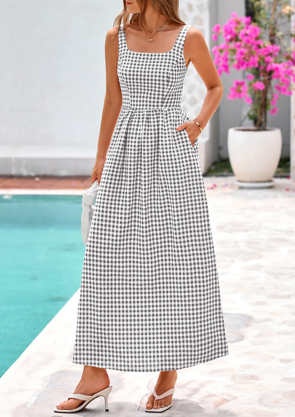 PRETTYGARDEN Women's Summer Spaghetti Strap Maxi Dresses Plaid Square Neck A Line Casual Beach Vacation Long Sundress