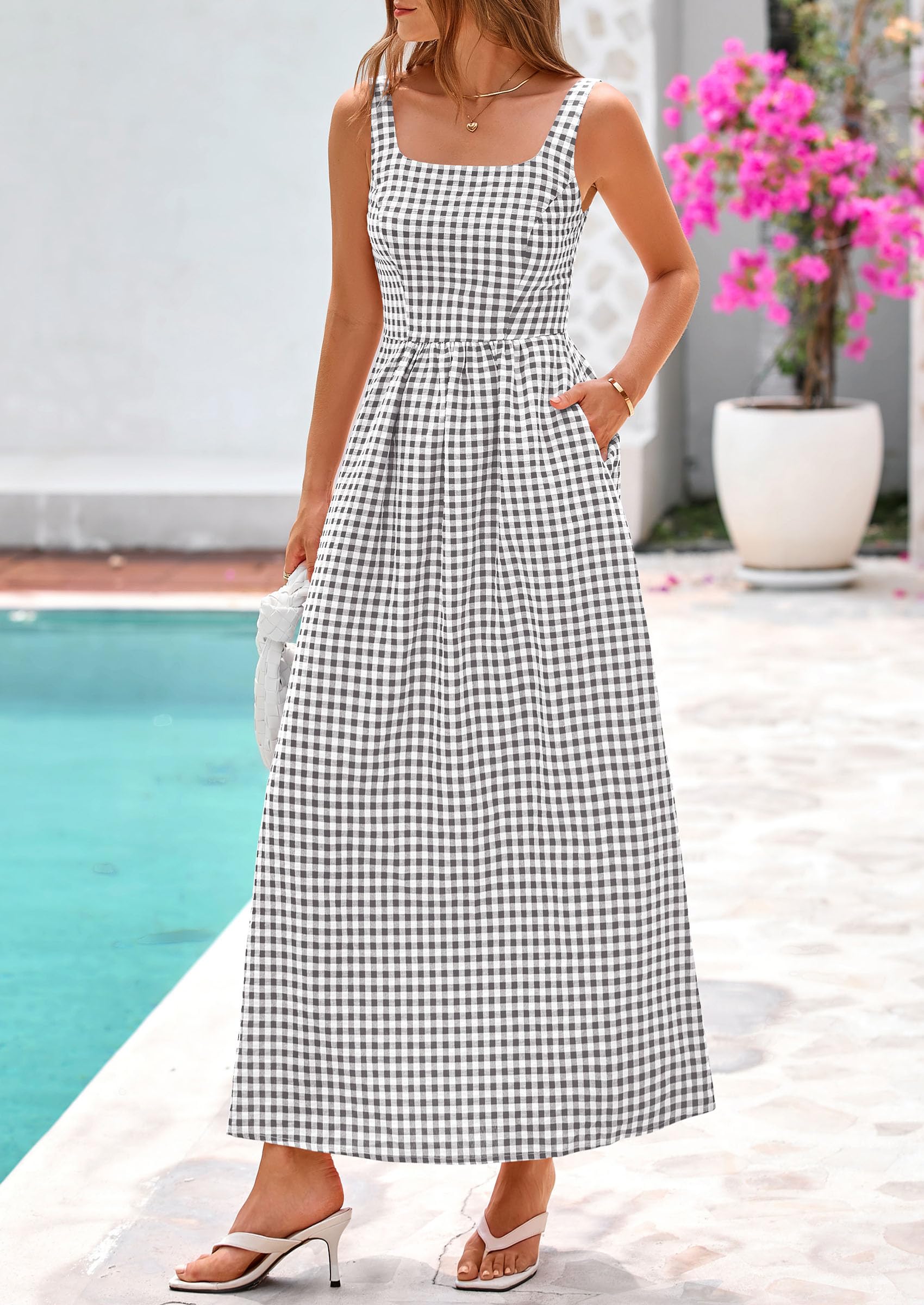 PRETTYGARDEN Women's Summer Spaghetti Strap Maxi Dresses Plaid Square Neck A Line Casual Beach Vacation Long Sundress