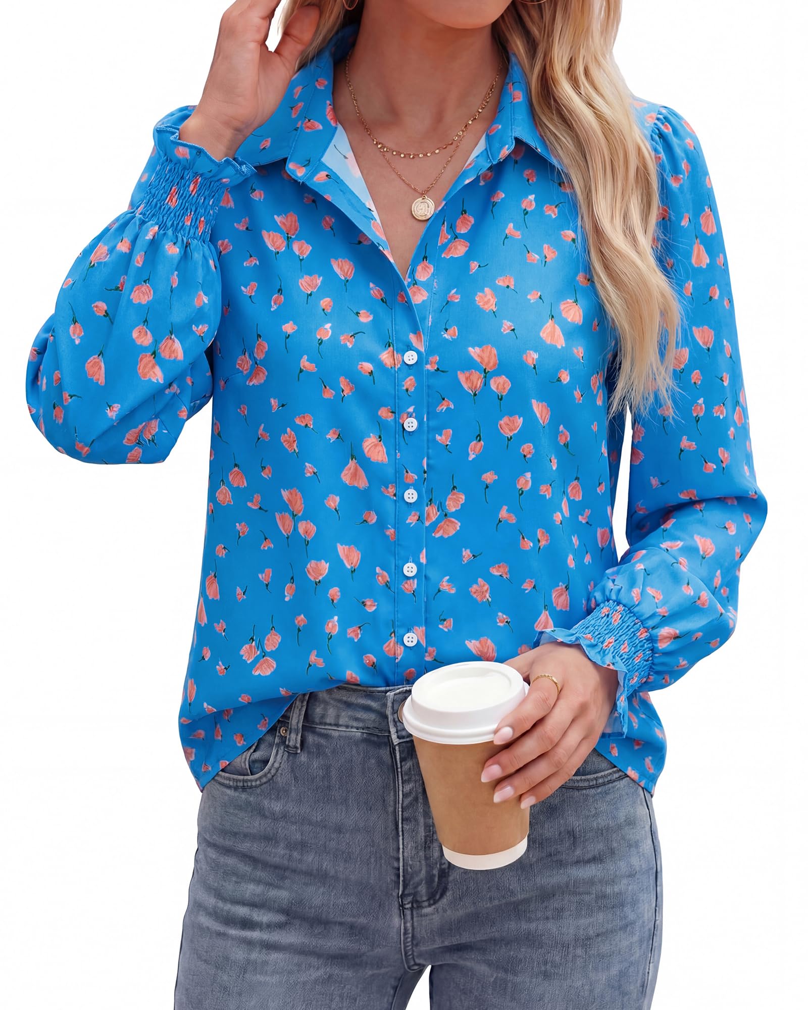 BTFBM Long Sleeve Blouses for Women, Floral V Neck Button Down Shirts, Smocked Cuffs, Business Casual Summer Outfits