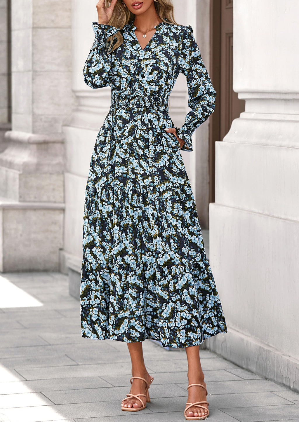 PRETTYGARDEN Women's Floral Maxi Dress Fall Long Sleeve V Neck Casual A Line Long Flowy Boho Party Dresses