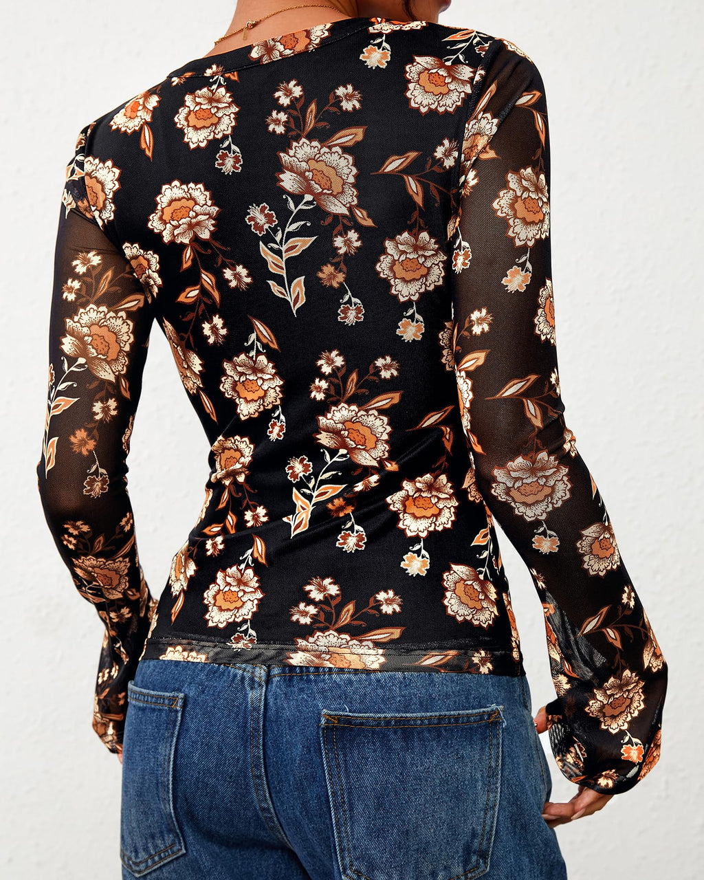 FreshPretty Button Down Shirts for Women Fall Fashion V Neck Long Sleeve Blouse Ruched Mesh Fitted Floral Print Boho Tops