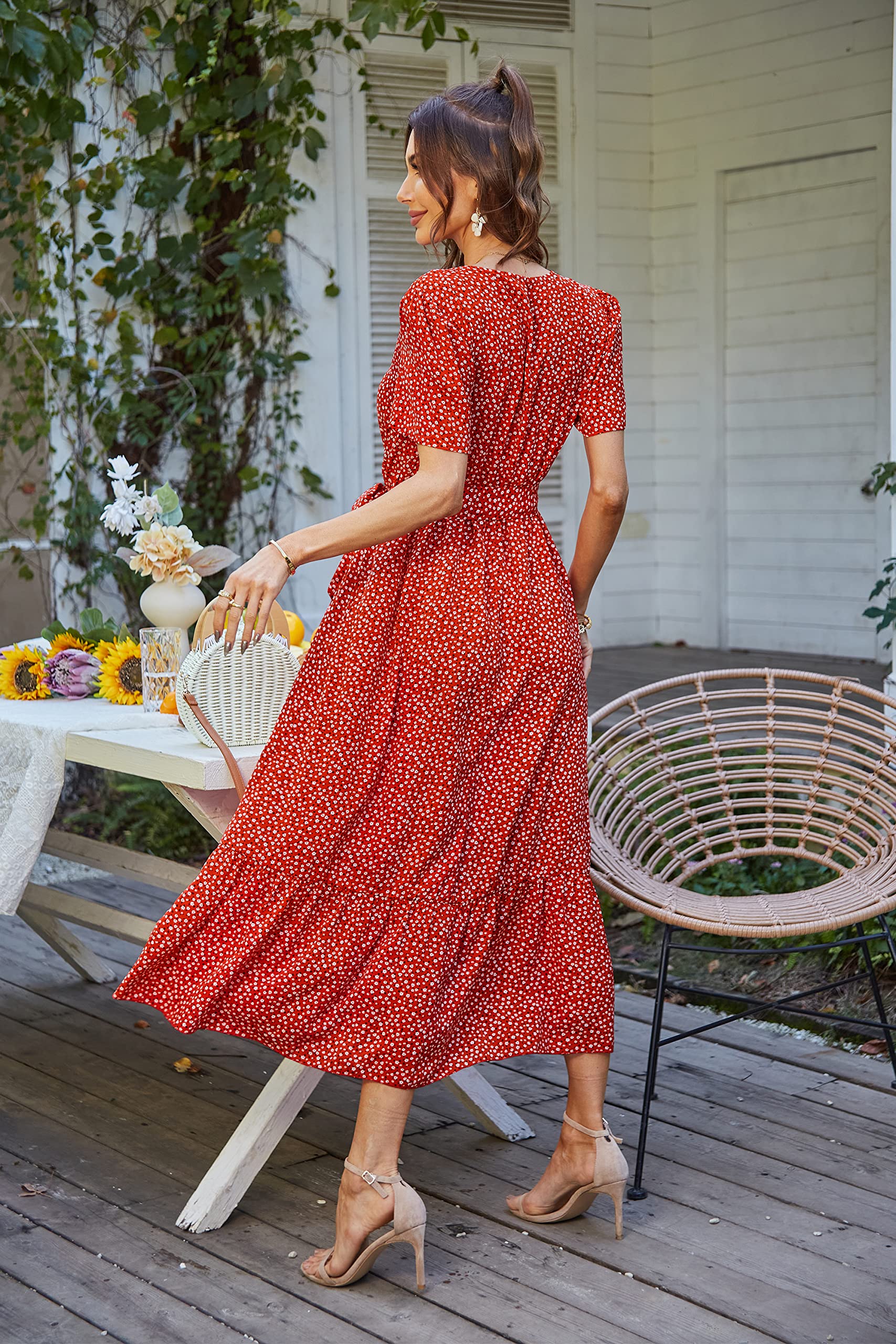 PRETTYGARDEN Women's Summer Floral Boho Maxi Dress Wrap Short Sleeve V Neck Ruffle A-Line Flowy Wedding Guest Long Dresses