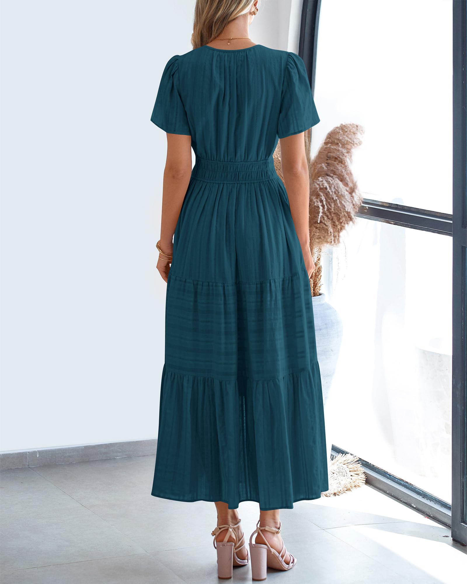 BTFBM Womens Summer Casual Midi Maxi Dresses Lightweight Short Sleeve V Neck Elastic Waist Boho Beach Dress Pockets