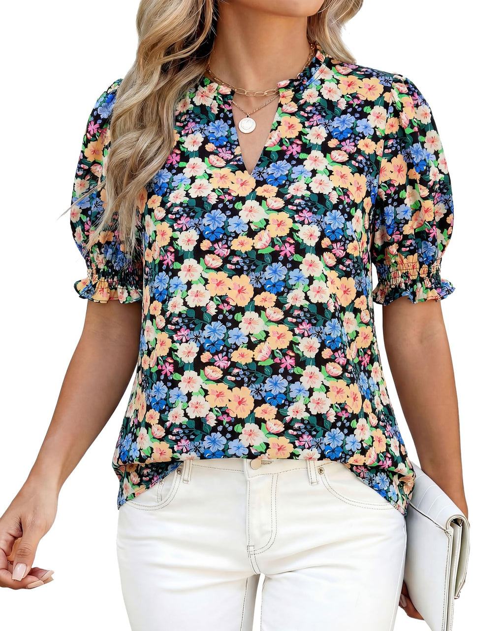 BTFBM Summer Blouses for Women Dressy Casual Fashion Spring Tops Floral Boho V Neck Puff Short Sleeve Top Shirts