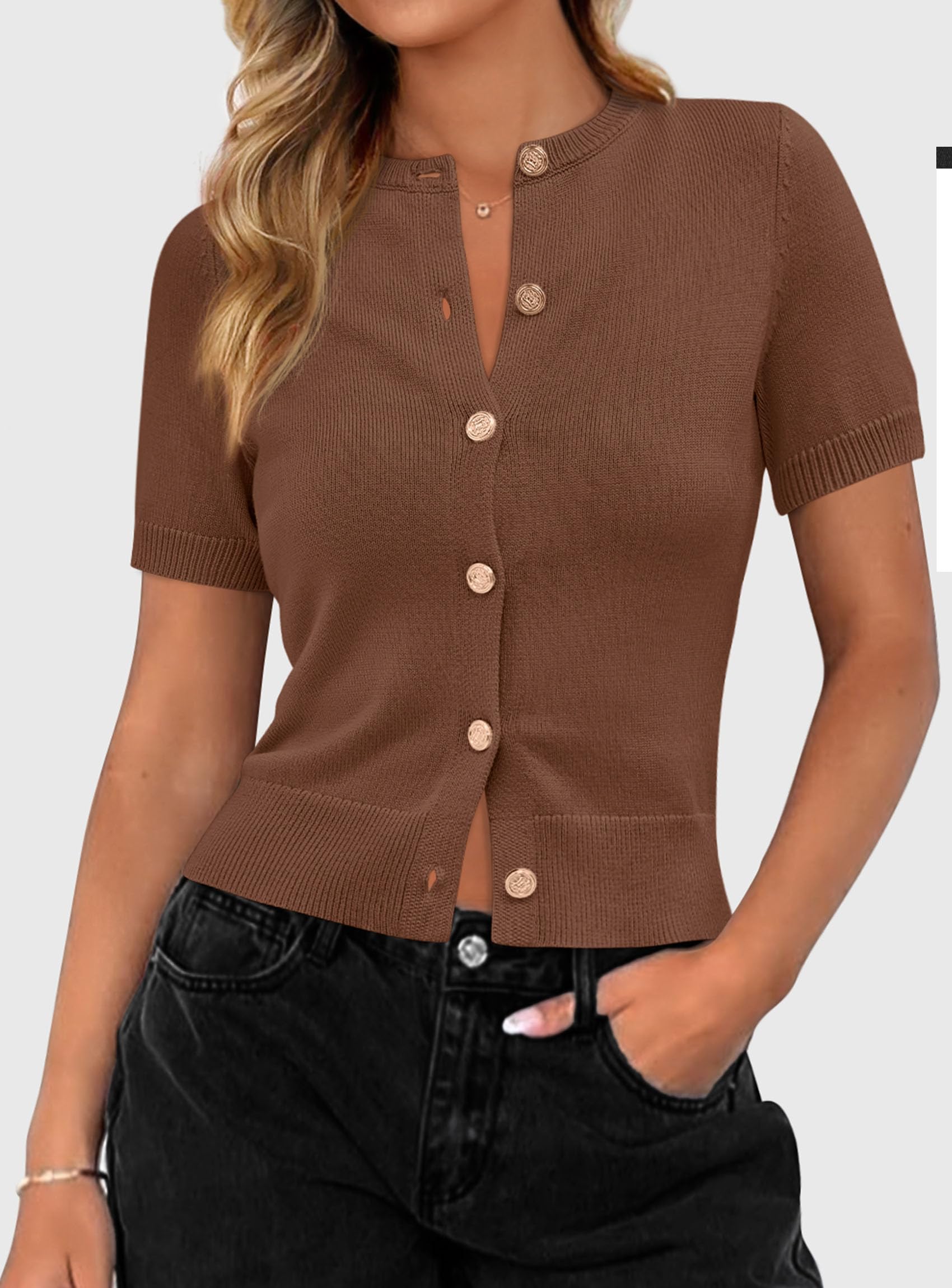 PRETTYGARDEN Womens Casual Summer Short Sleeve Cardigans Button Down Knitted Sweater Basic Crew Neck Crop Tops