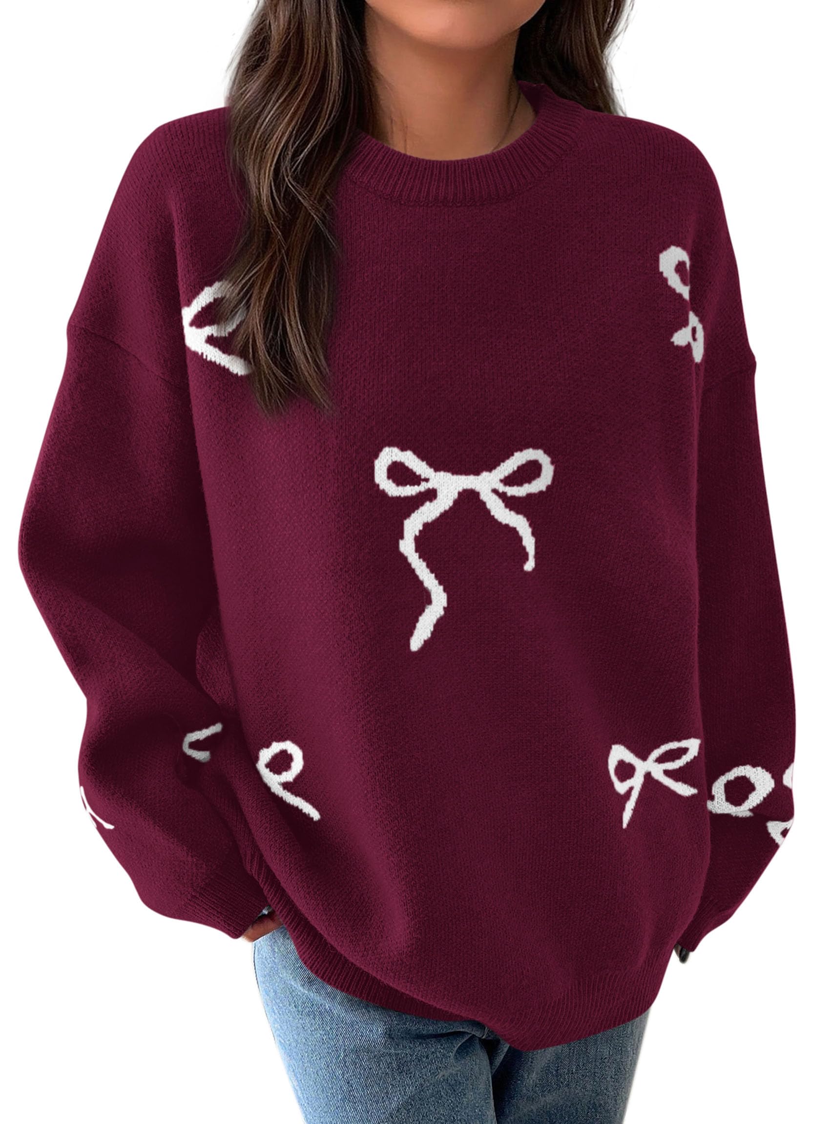 PRETTYGARDEN Fall Long Sleeve Pullover Sweaters for Women Trendy Crewneck Casual Cute Bow Chunky Knit Oversized Sweater