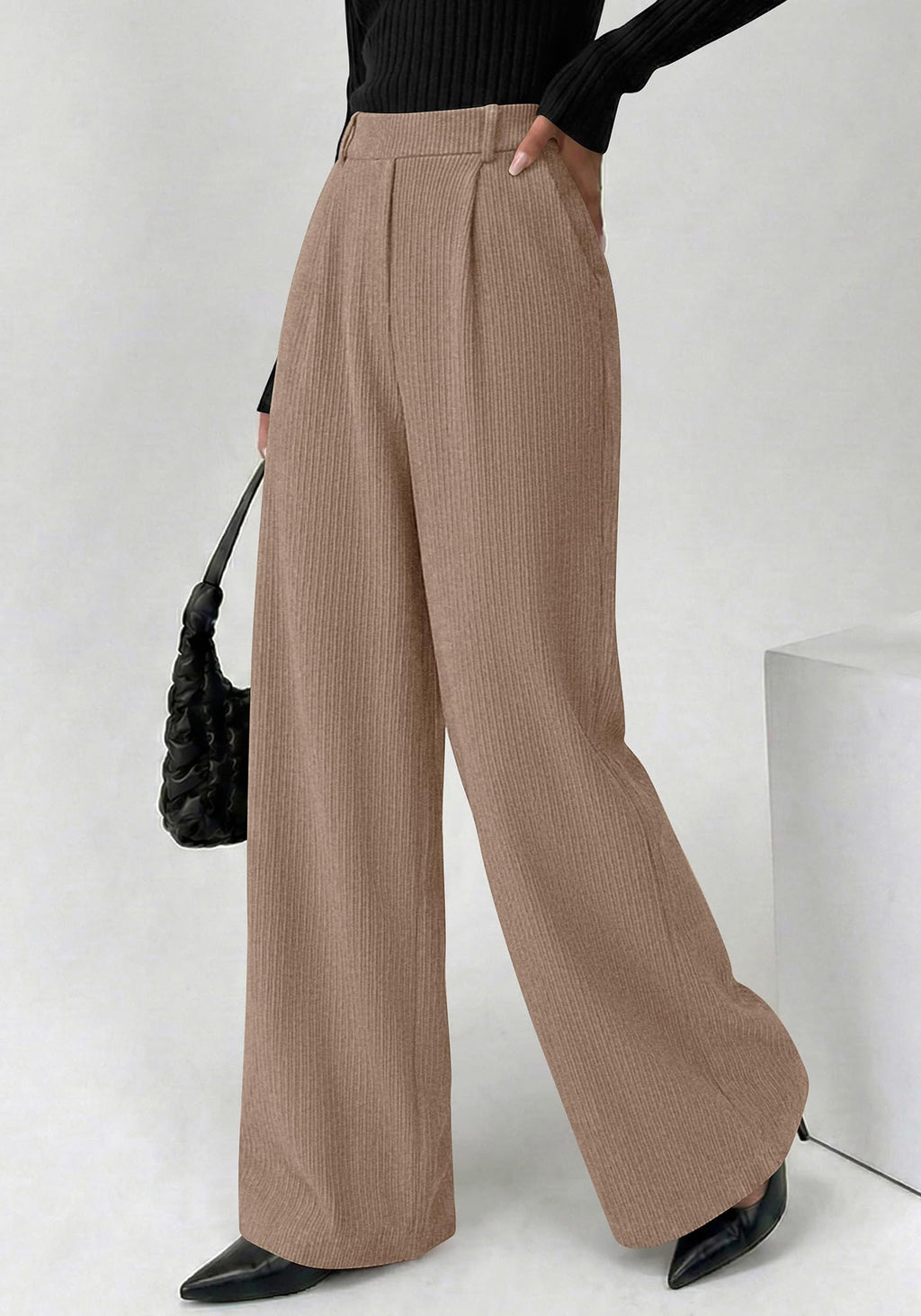 BTFBM Wide Leg Pants for Women Dressy Work Business Casual Elastic High Waisted Trousers Ribbed Lounge Palazzo Pants
