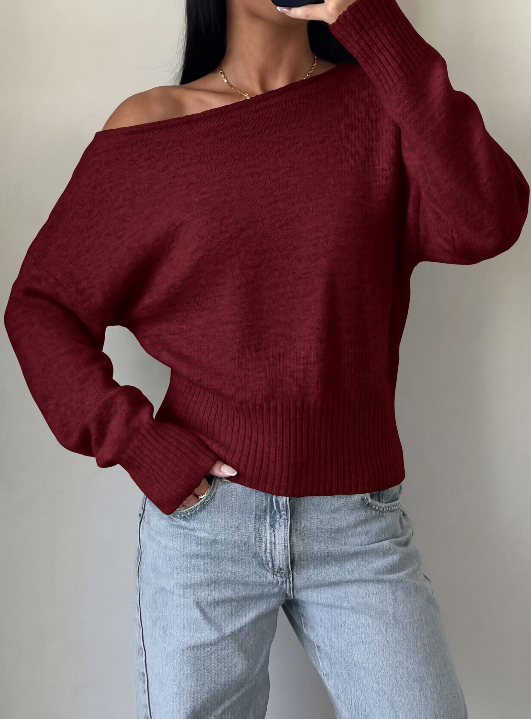PRETTYGARDEN Womens Off The Shoulder Sweater Fall Fashion Soft Stretchy Knit Fabric, Batwing Long Sleeve Cinched Waist Cropped Sweaters, Date Night Outfit, Asymmetrical Going Out Tops