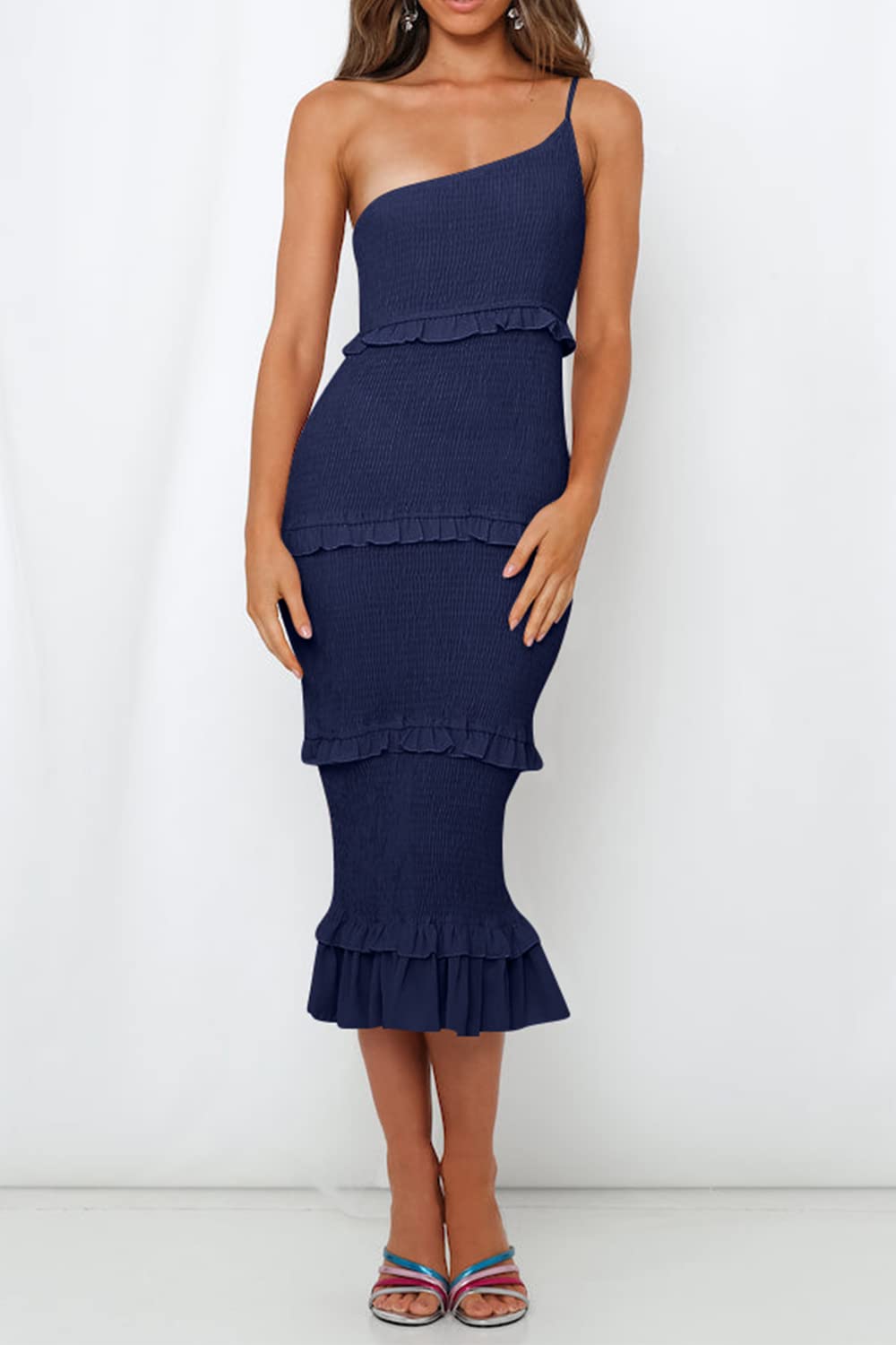 PRETTYGARDEN Women's Summer Midi Bodycon Dresses One Shoulder Strappy Tiered Ruffle Floral Boho Sun Dress