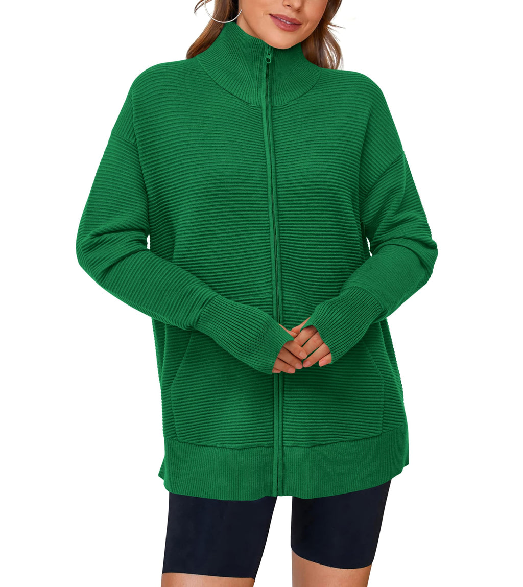 PRETTYGARDEN Womens Fall Long Sleeve Zip Up Cardigan Sweaters Casual Loose Collared Ribbed Knit Tops Jackets Thumb Hole