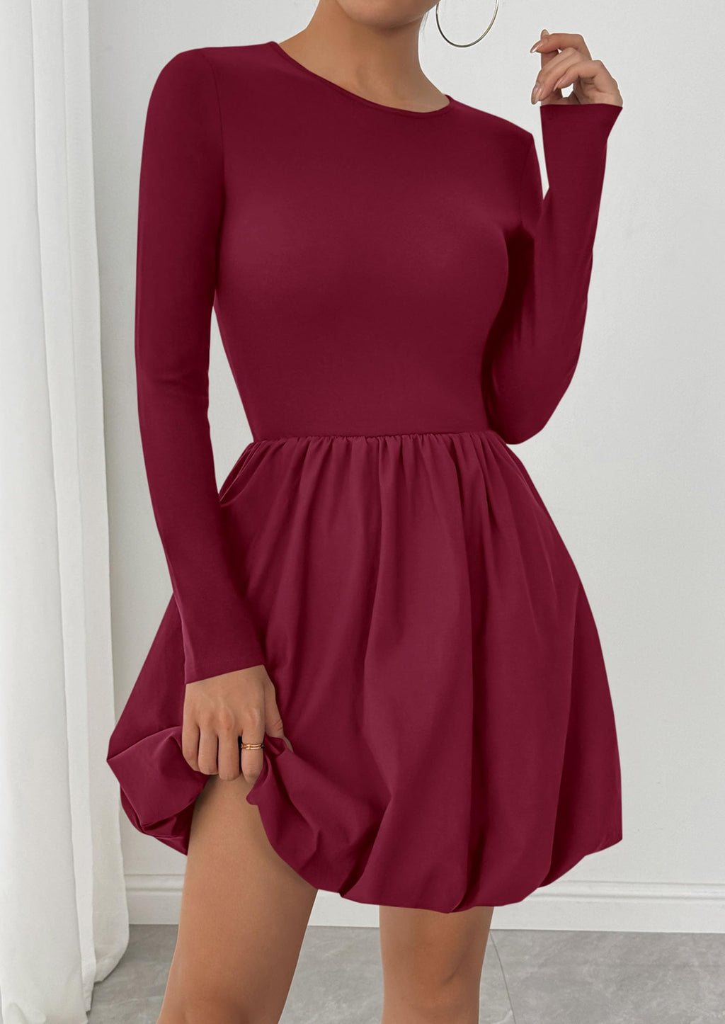 PRETTYGARDEN Fall Dresses for Women Casual Long Sleeve Bubble Cute Crew Neck A Line Mini Short Dress with Pockets