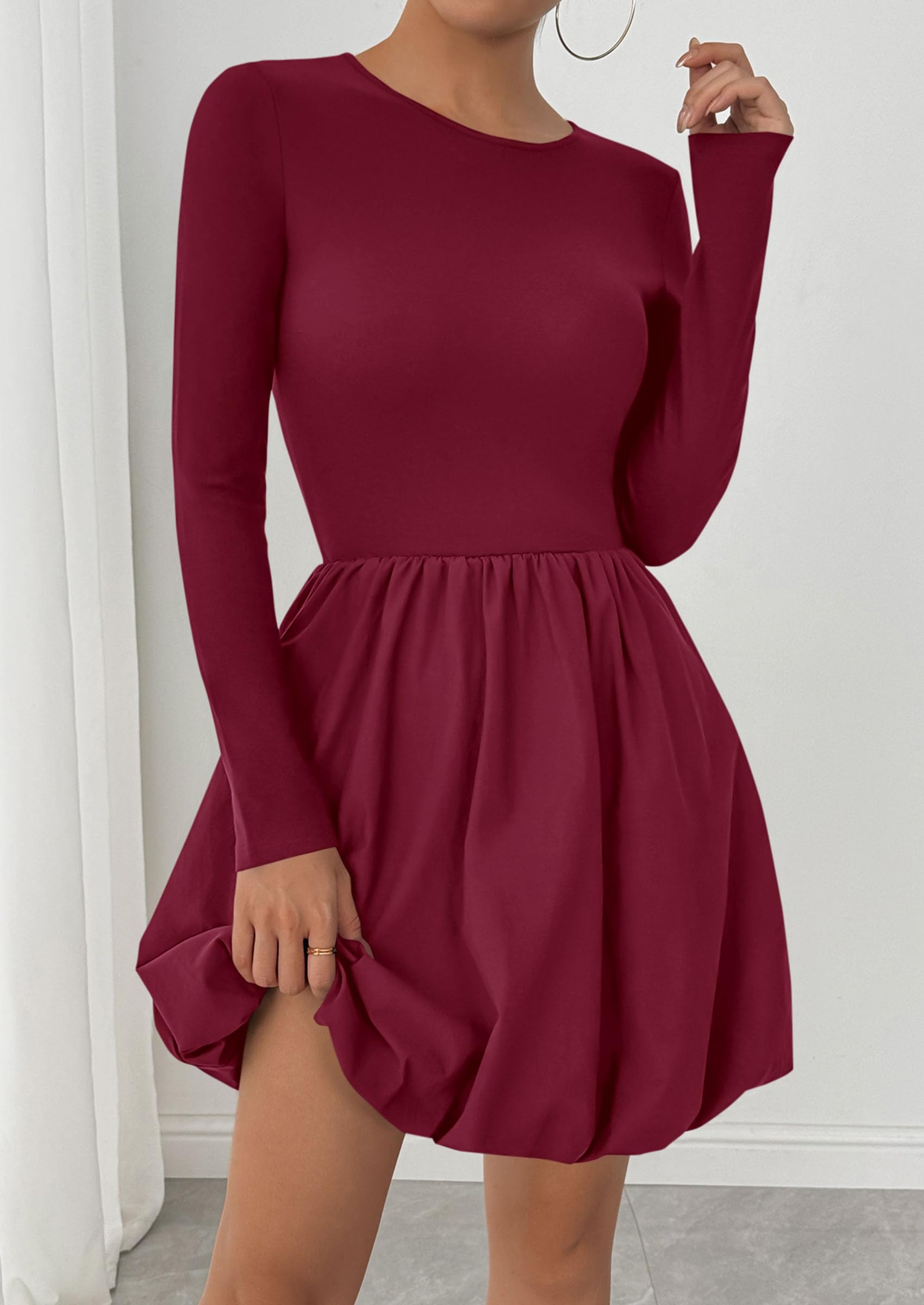 PRETTYGARDEN Fall Dresses for Women Casual Long Sleeve Bubble Cute Crew Neck A Line Mini Short Dress with Pockets