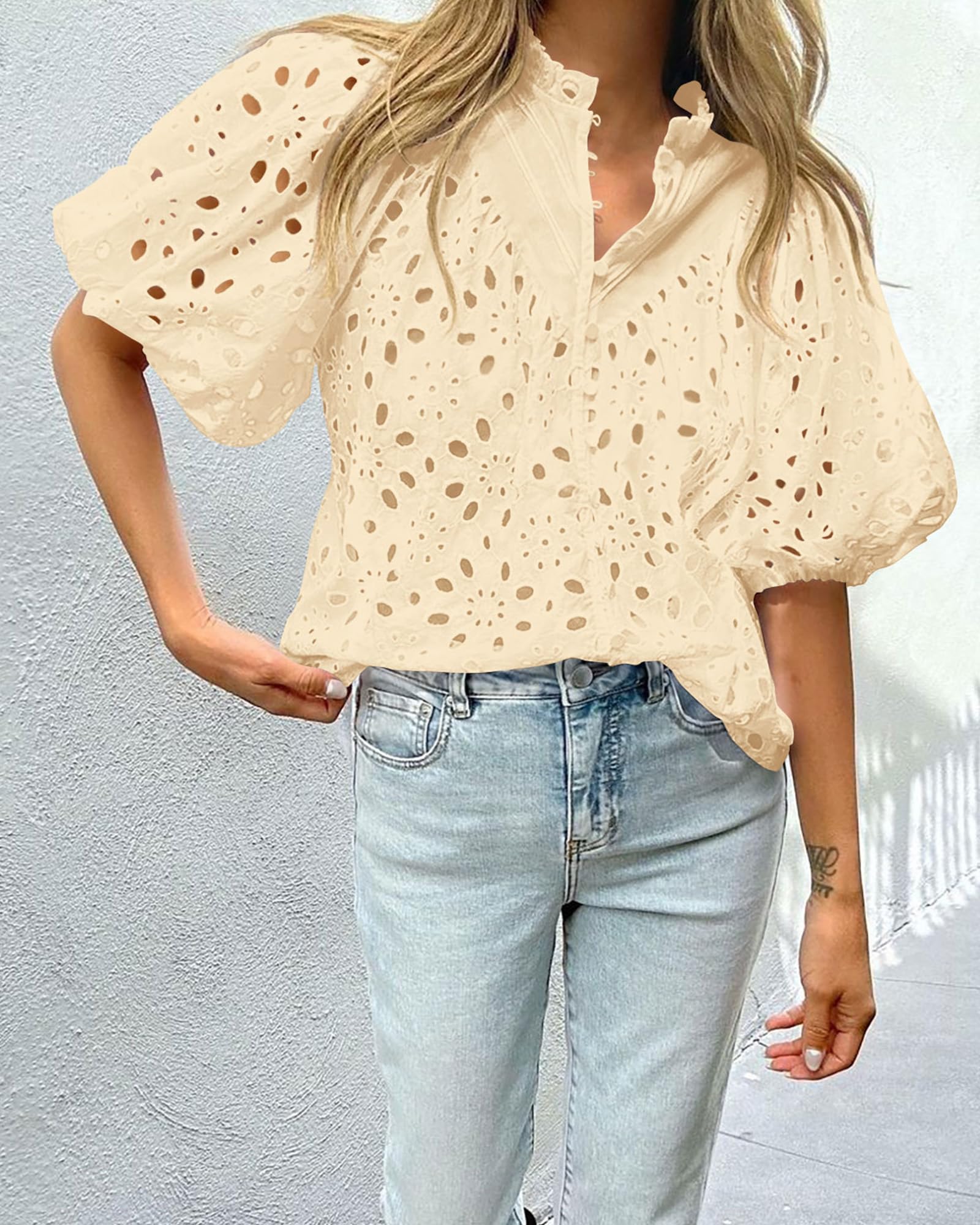PRETTYGARDEN Women's Summer Tops Dressy Casual Short Sleeve V Neck Buttons Hollow Out Lace Embroidered Blouses Shirts