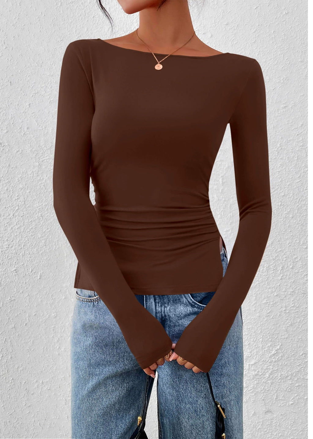 FreshPretty Long Sleeve Shirts for Women Fall Casual Boat Neck Knit Workout Going Out Tops Fitted Side Slit Basic Tees