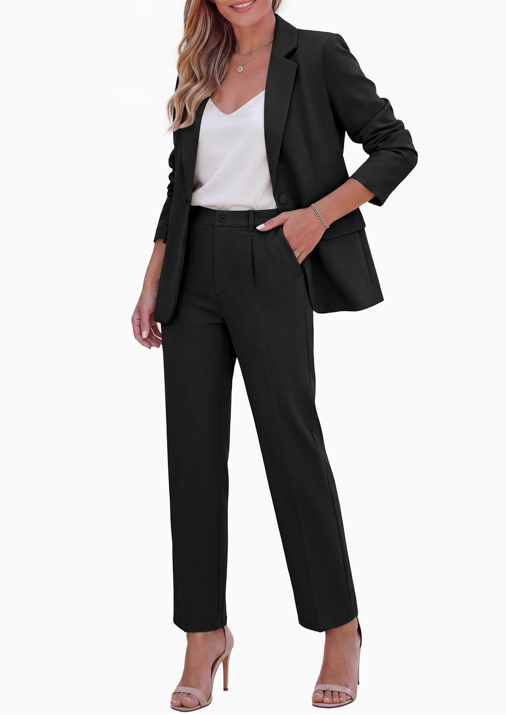 PRETTYGARDEN Two Piece Sets for Women Dressy Pant Suits Lapel Blazer,Straight Leg Dress Pants,Professional Interview Suit Set,Business Casual Outfits,Office Work Clothes,Fall Winter
