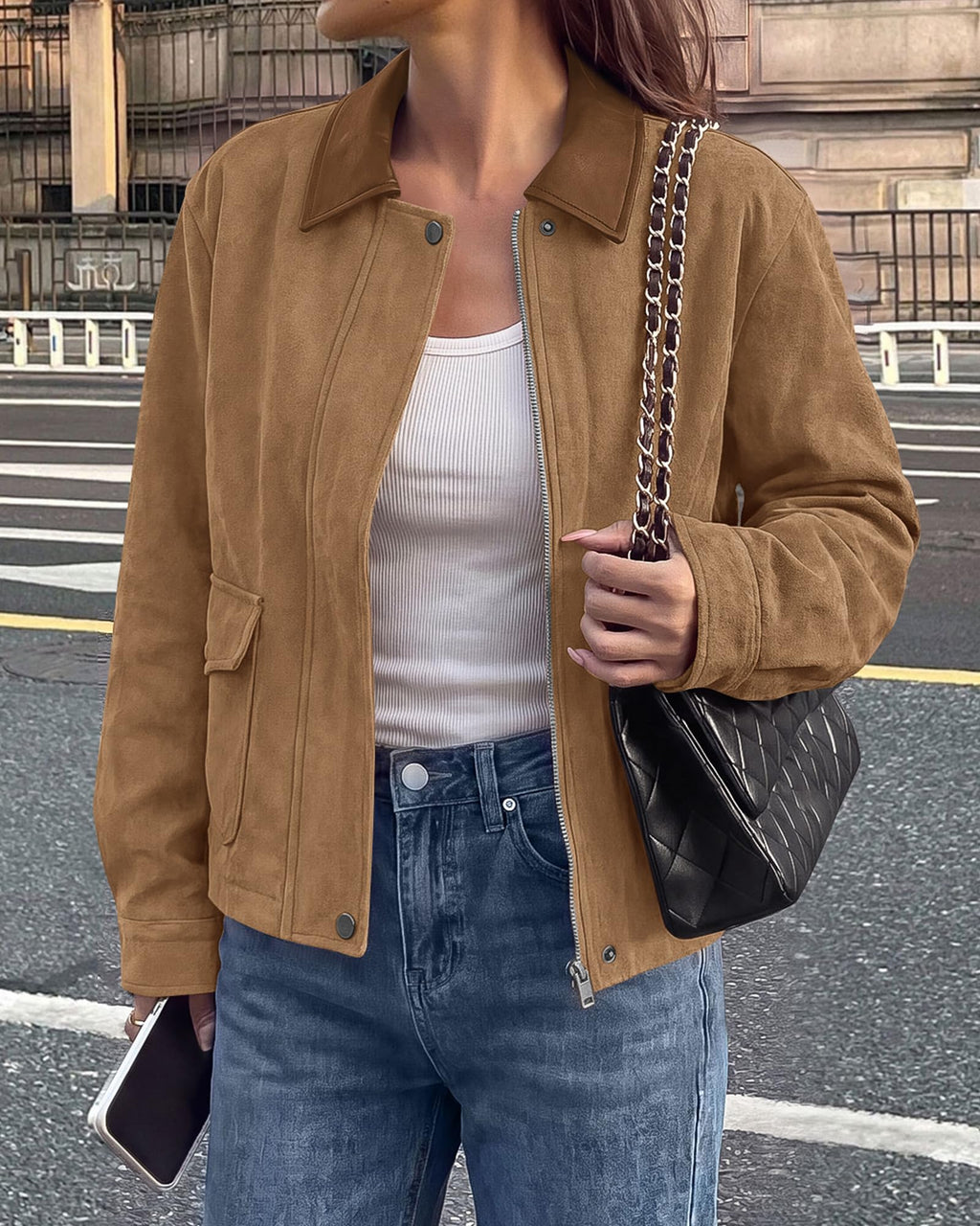 BTFBM Faux Suede Jacket Women Leather Lapel Zip Up Fall Outfits Button Down Long Sleeve Outerwear With Flap Pockets, Early Winter Coats, Motorcycle Jackets, Western Country Concert Outfits