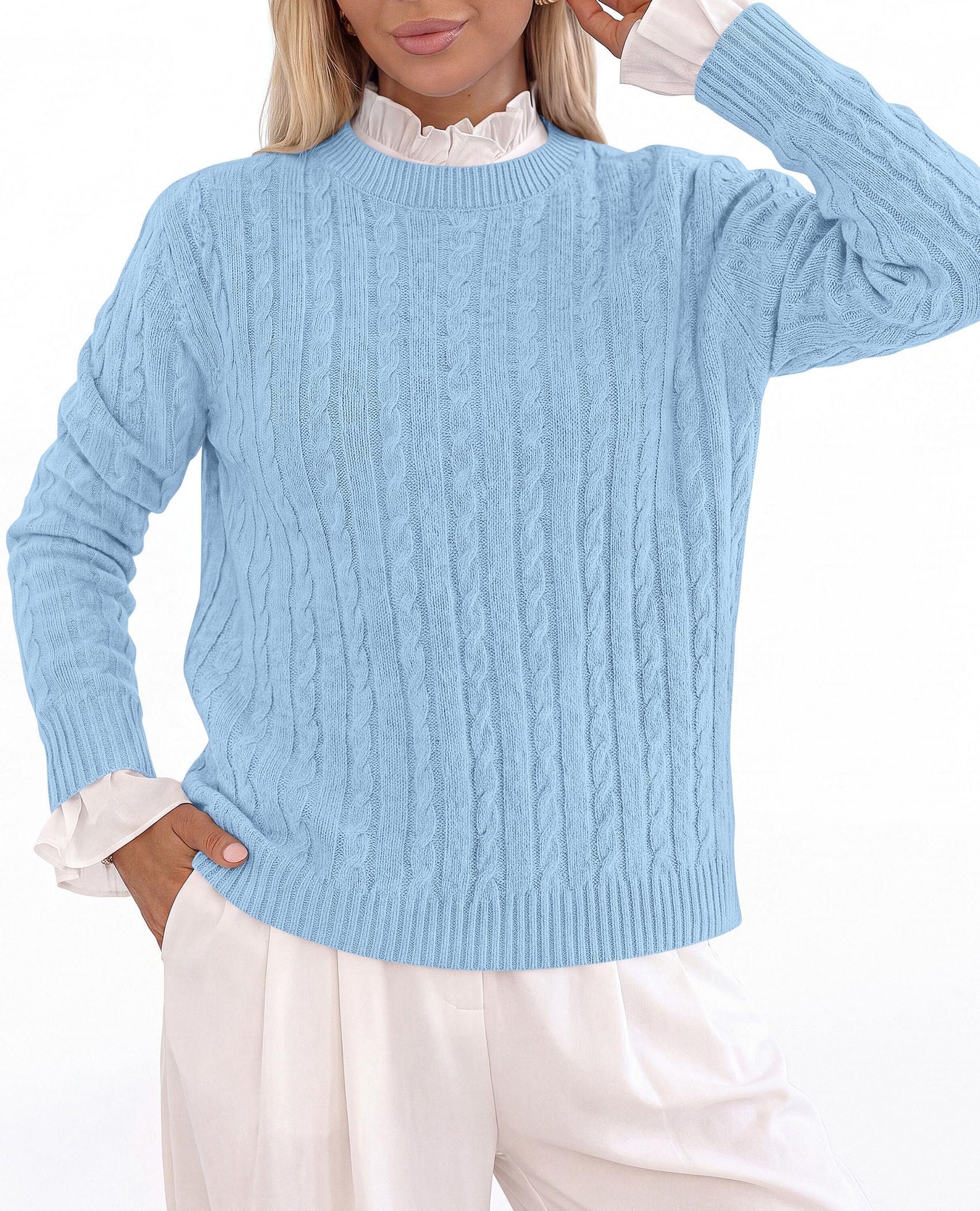 PRETTYGARDEN Women's Cable Knit Sweaters Long Sleeve Pullover Fall Outfits Soft Cozy Knit Tops, Ribbed Crewneck Regular Fit, Basic Daily, Work Business Casual, Teacher Outfits, Winter Layer Clothing