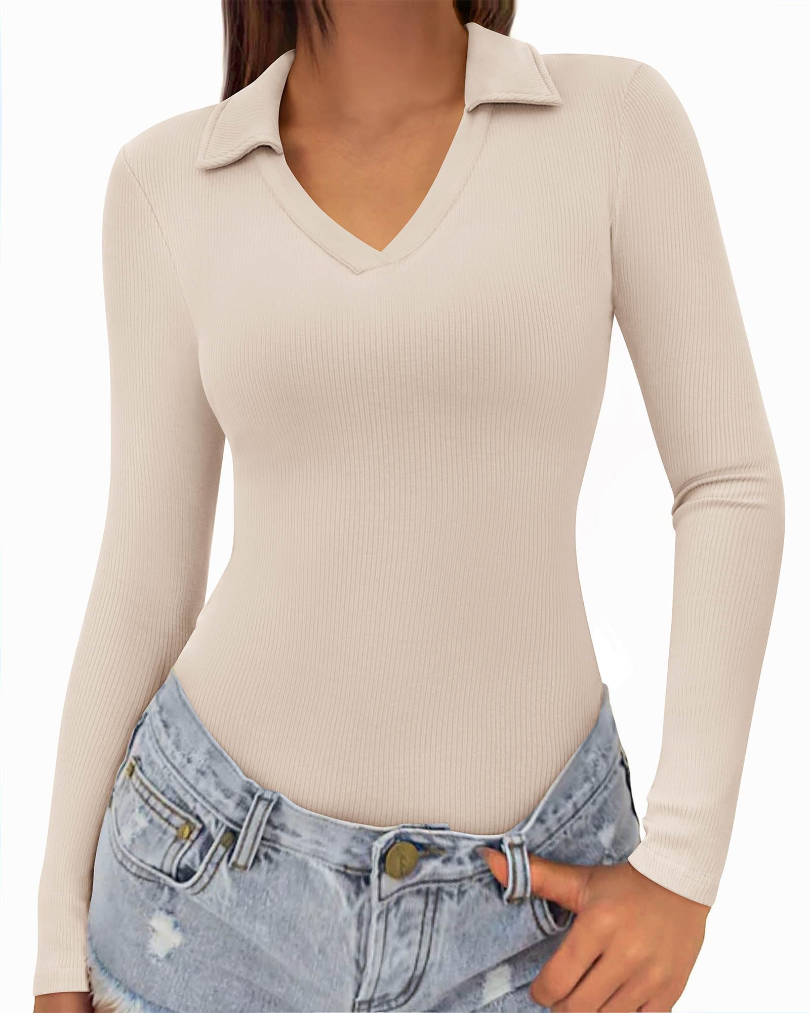 FreshPretty Polo Shirts for Women Long Sleeve Business Casual Tops Spring Fall Ribbed Knit Collared V Neck Slim Work Blouses