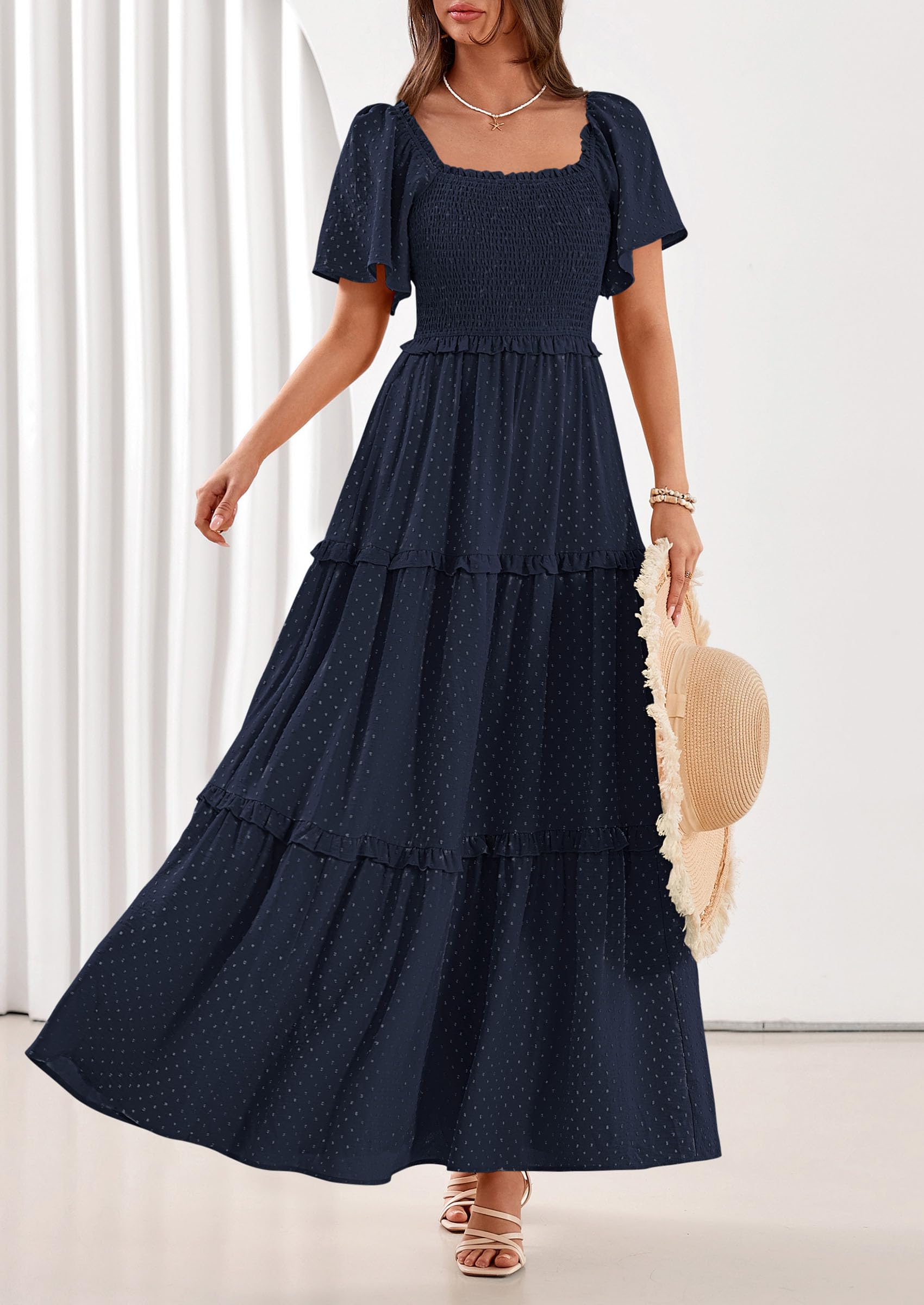 PRETTYGARDEN Summer Dresses for Women Boho Swiss Dot Smocked Square Neck Short Sleeve Spring Wedding Guest Maxi Dress
