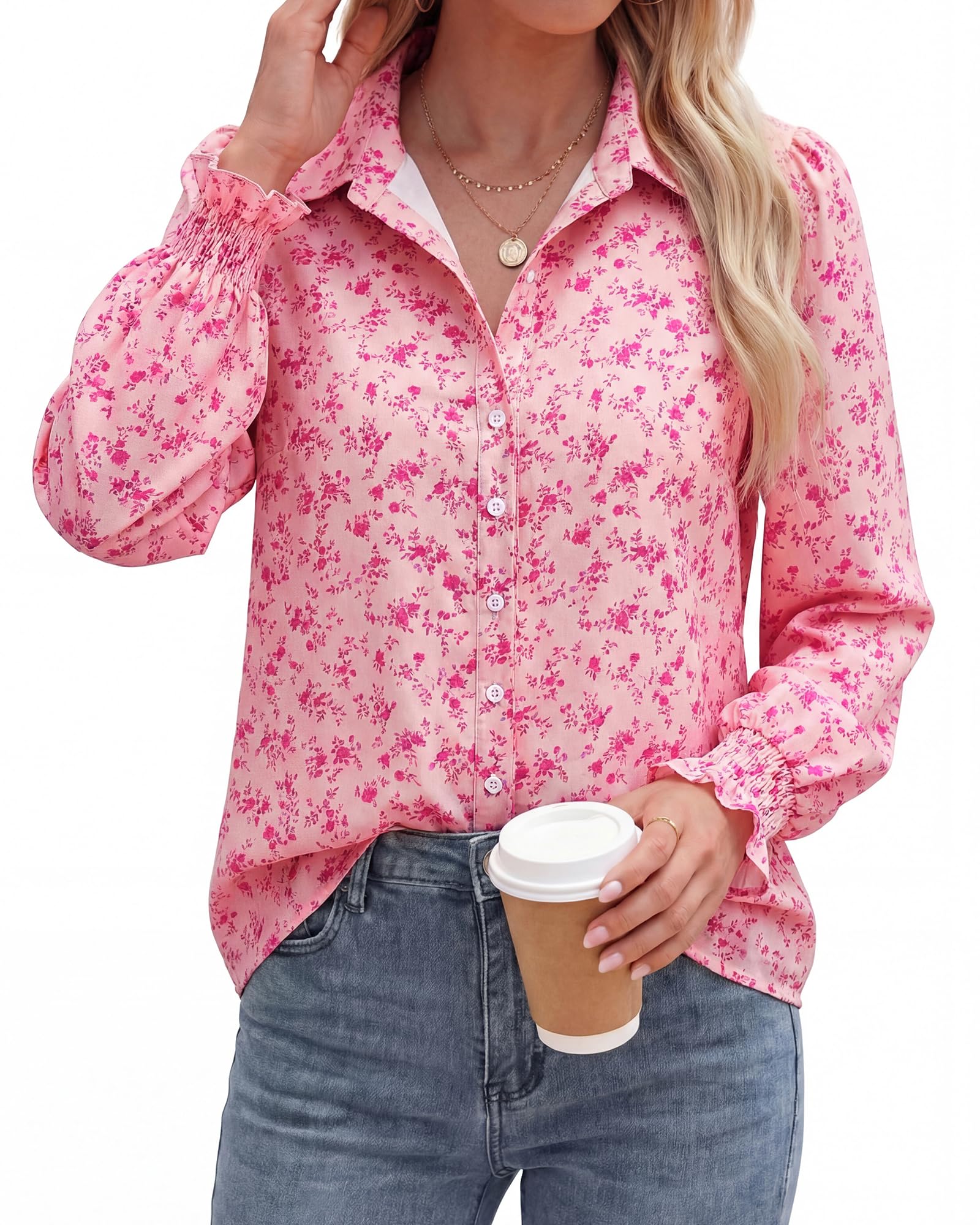 BTFBM Long Sleeve Blouses for Women, Floral V Neck Button Down Shirts, Smocked Cuffs, Business Casual Summer Outfits