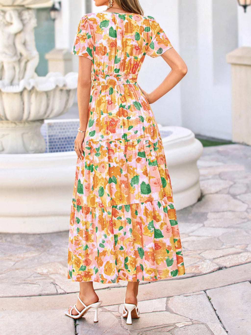 BTFBM Womens Summer Floral Maxi Dresses V Neck Short Sleeve Boho Casual Flowy Long Wedding Guest Dress Beach Vacation