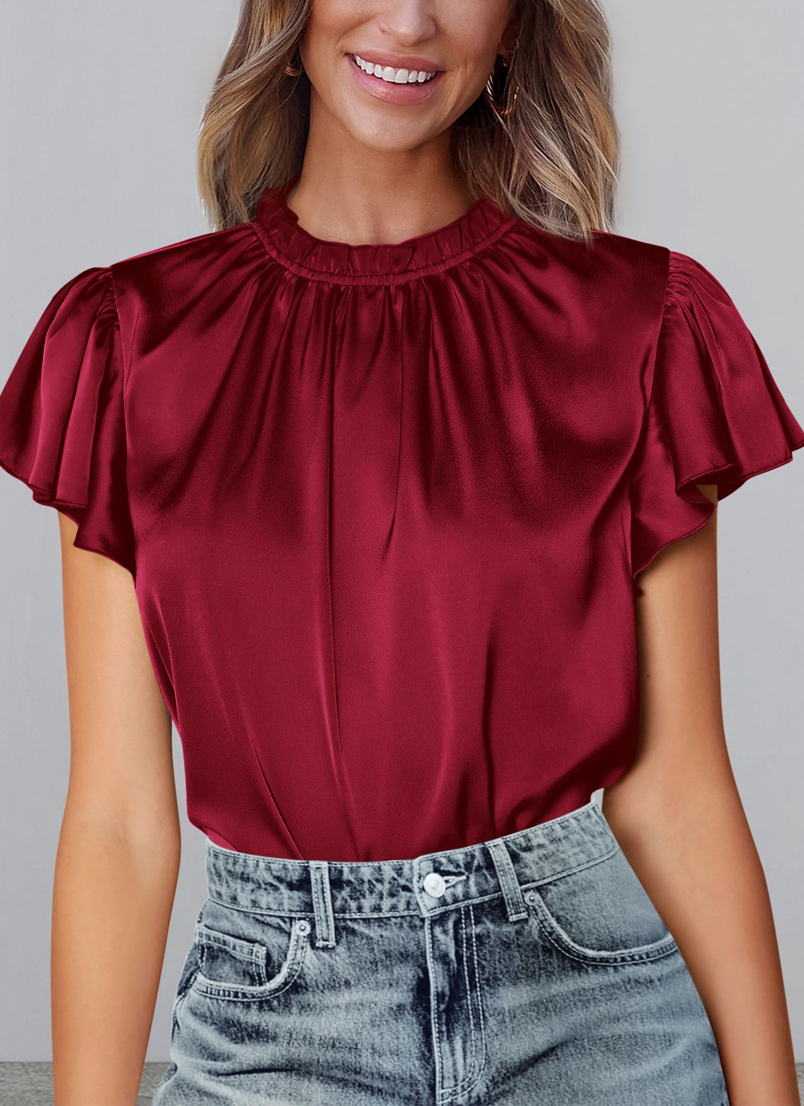 PRETTYGARDEN Business Casual Tops for Women Blouses Dressy  Summer Short Sleeve Ruffle Satin Work Office Attire
