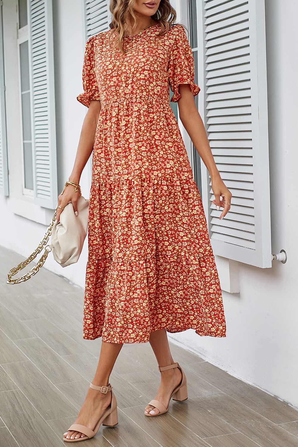 PRETTYGARDEN Summer Dresses for Women Casual Floral Boho Midi Sun Dress Puff Short Sleeve Flowy Beach Vacation Sundress