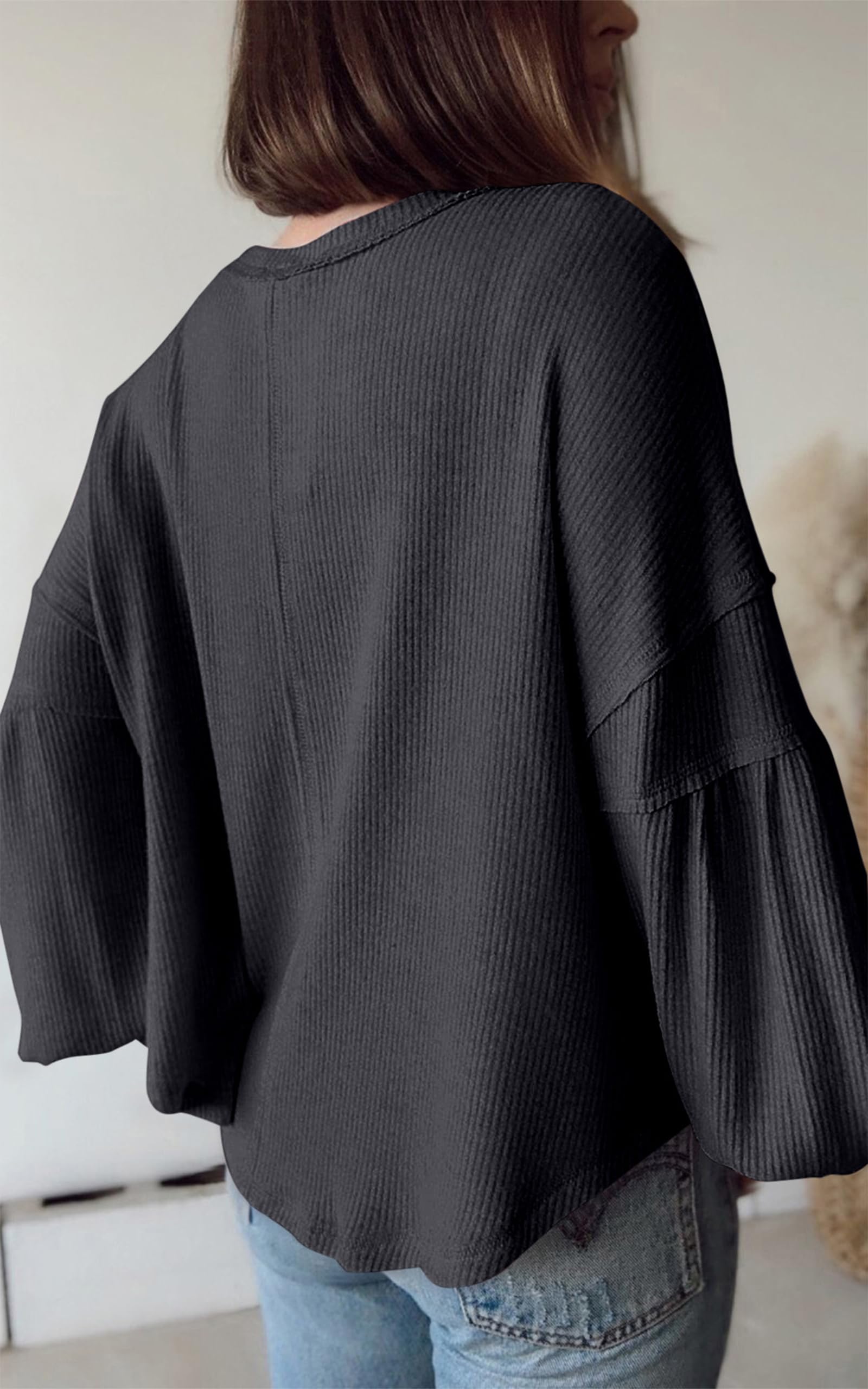 FreshPretty Womens Fall Fashion Long Sleeve Shirts Casual V Neck Ribbed Knit Blouses Pullover Trendy Loose Fit Tunic Tops