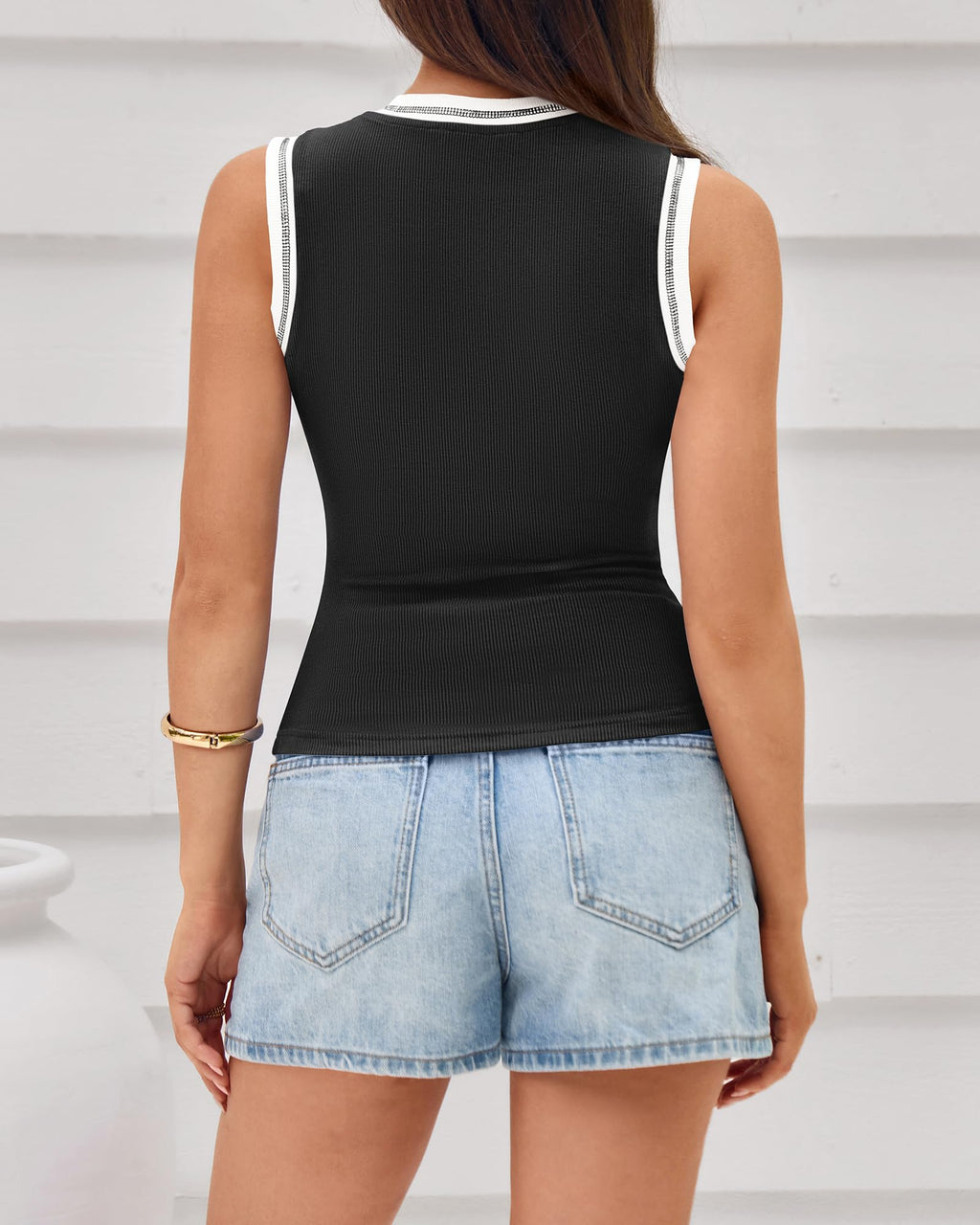 FreshPretty Crew Neck Tank Top for Women Sleeveless Ribbed Contrasting Slim Fitted Y2k Casual Basic Shirts Spring Summer Tops