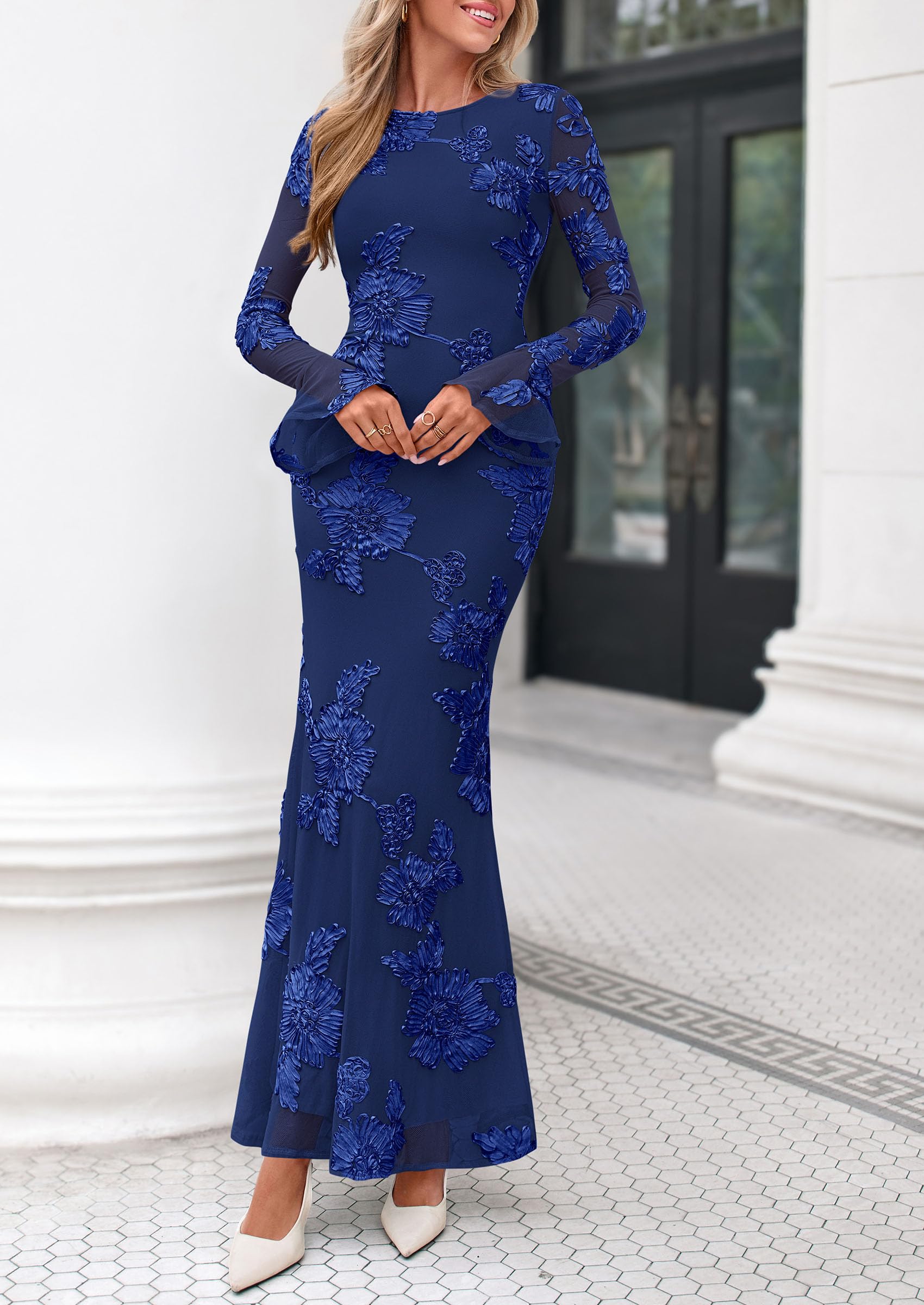 PRETTYGARDEN Women's Formal Floral Maxi Bodycon Dresses Ruffle Long Sleeve, Fall Winter Outfits 2026 for Wedding Guest, Homecoming & Cocktail, Slimming Mesh Dress with Lining
