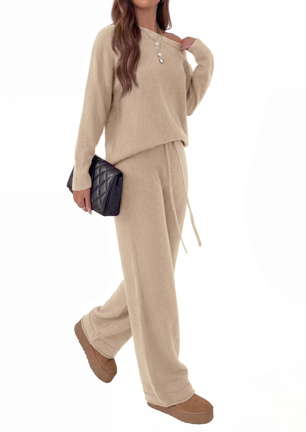 PRETTYGARDEN Lounge Sets Womens Sweaters Two Piece Outfits Cozy Boat Neck Long Sleeve Tops, Wide Leg Pants with Drawstring, Casual Fall Fashion Airport & Travel, Knit Matching Set