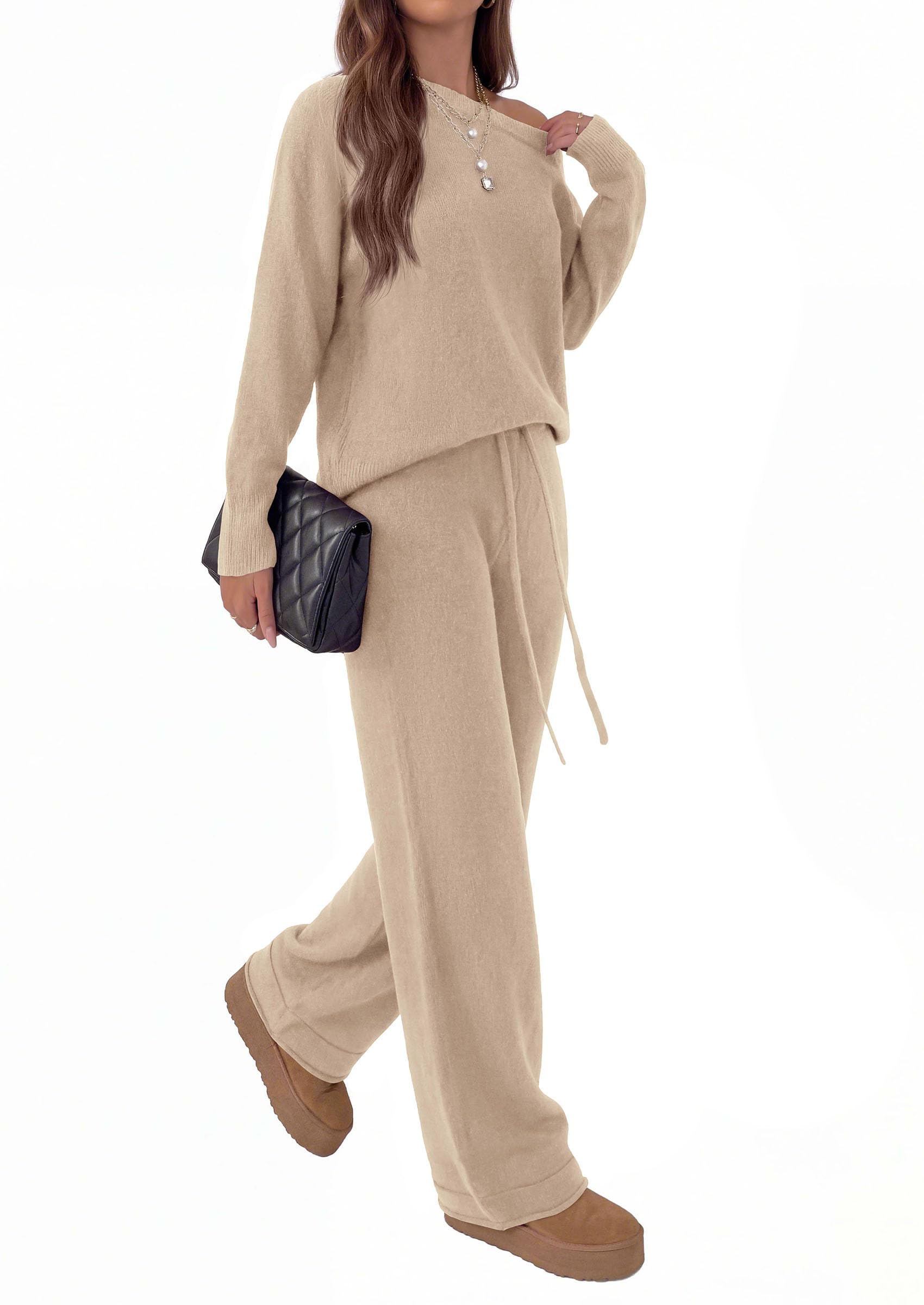 PRETTYGARDEN Lounge Sets Womens Sweaters Two Piece Outfits Cozy Boat Neck Long Sleeve Tops, Wide Leg Pants with Drawstring, Casual Fall Fashion Airport & Travel, Knit Matching Set