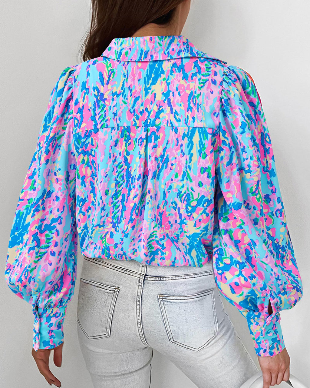 BTFBM Women Fashion Button Down Shirts V Neck Boho Printed Long Sleeve Blouses Dressy Casual Spring Fall Tops