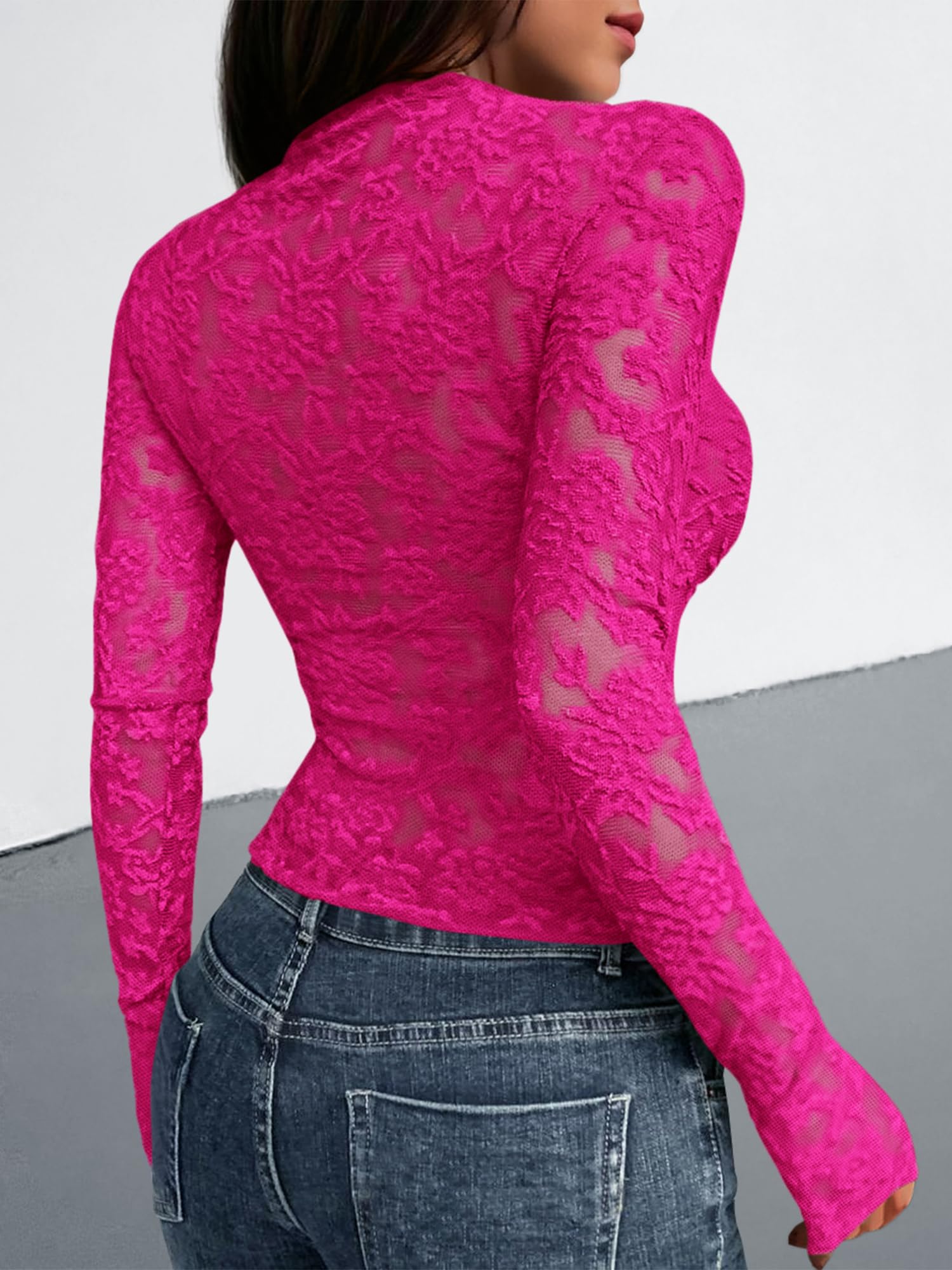 BTFBM Mesh Long Sleeve Tops for Women Lace Sheer Tight See Through Crew Neck Spring Fall Party Club Outfits