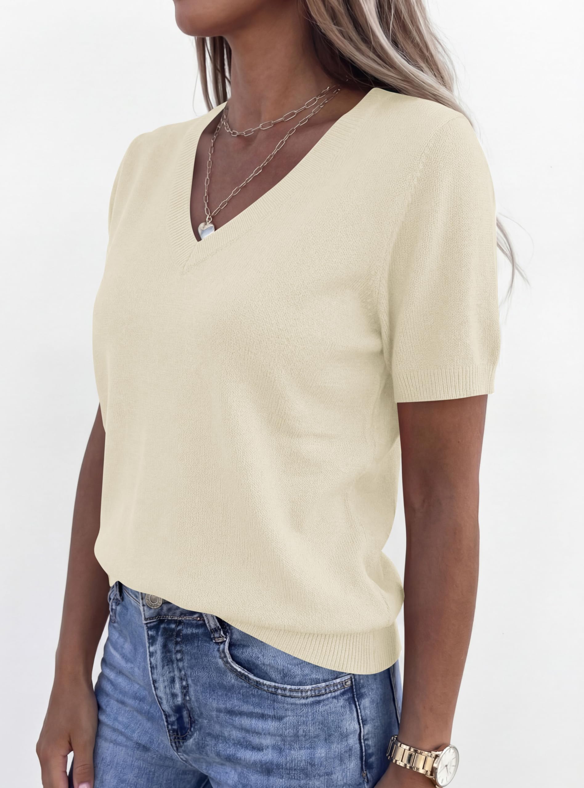 PRETTYGARDEN Womens Short Sleeve Sweater V Neck Trendy Pullover Tops Summer Spring Loose Lightweight Casual Blouse
