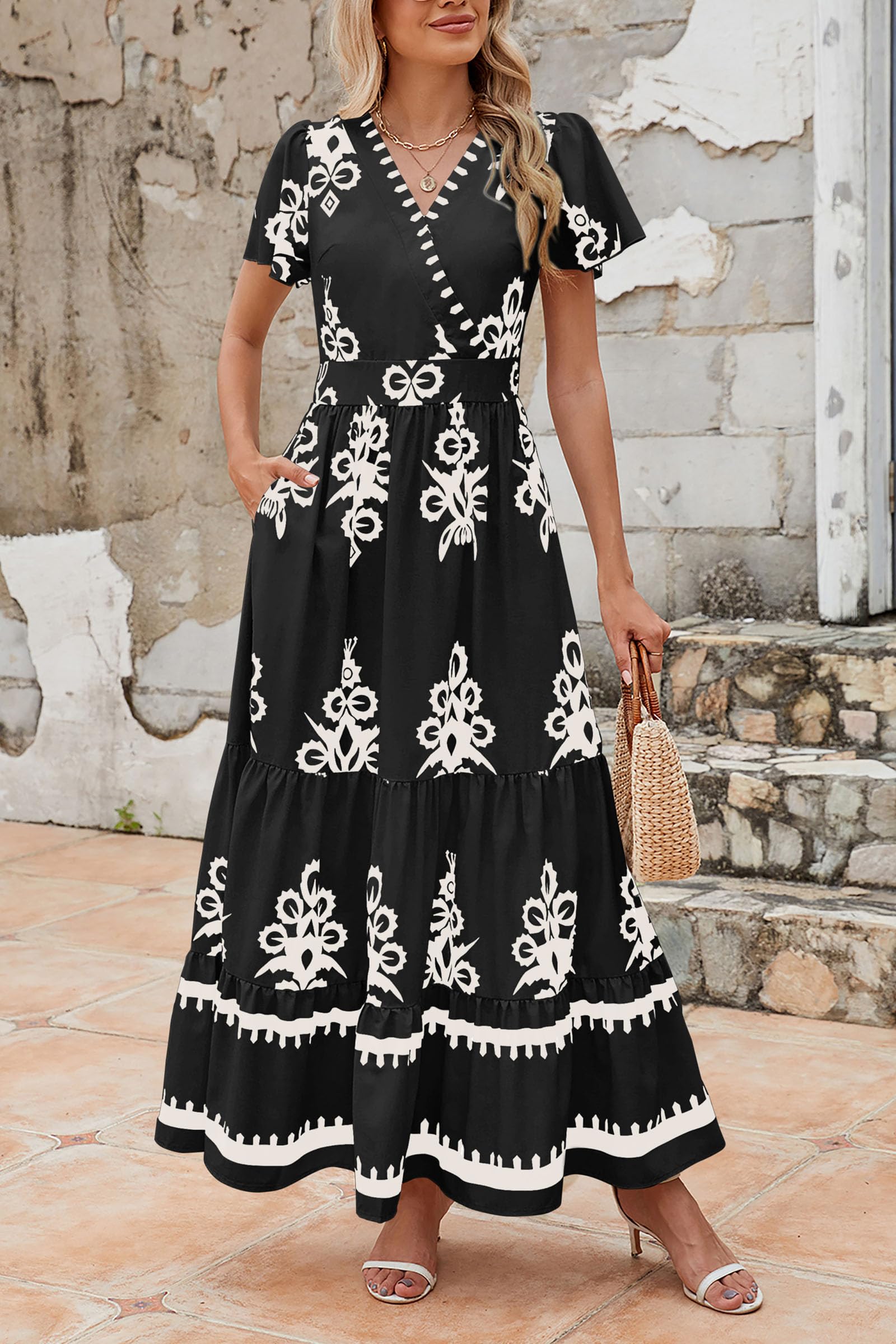 PRETTYGARDEN Womens Summer Casual V Neck Boho Maxi Dress Flowy Aline Bell Sleeve Tiered Floral Dresses with Pocket